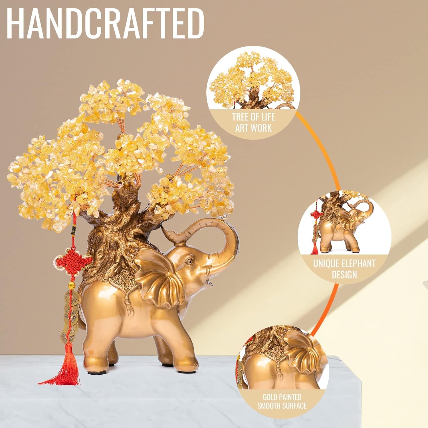 Citrine Crystal Money Tree on Gold Elephant Statue - 17" Large Gemstone Bonsai Tree of Life for Wealth and Positive Energy, Ideal Feng Shui Home Décor Gift