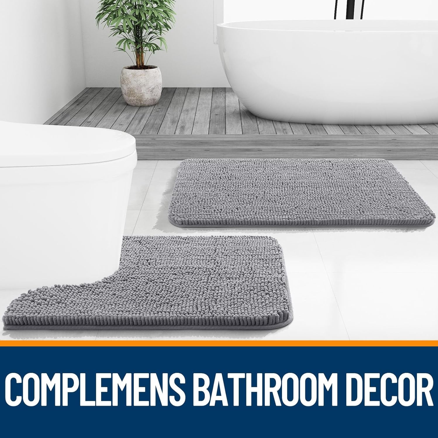Ultra-Soft Chenille Bathroom Rugs 30x20 - Quick-Dry, Machine Washable, Non-Slip Rubber Backing - Stylish Grey Bath Mats for Tub and Shower Decor