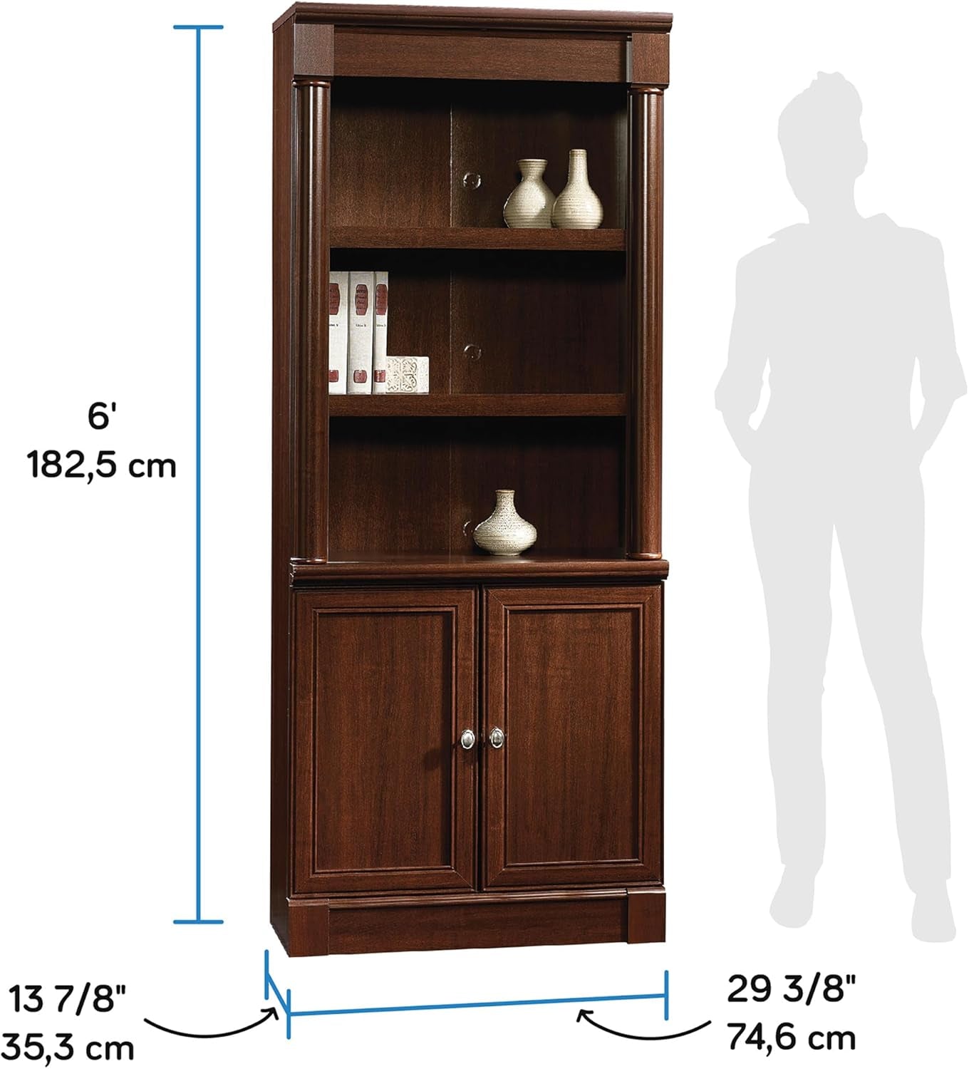 Elegant Palladia Book Shelf with Adjustable Shelves and Storage Doors - Stylish Library Bookcase in Select Cherry Finish