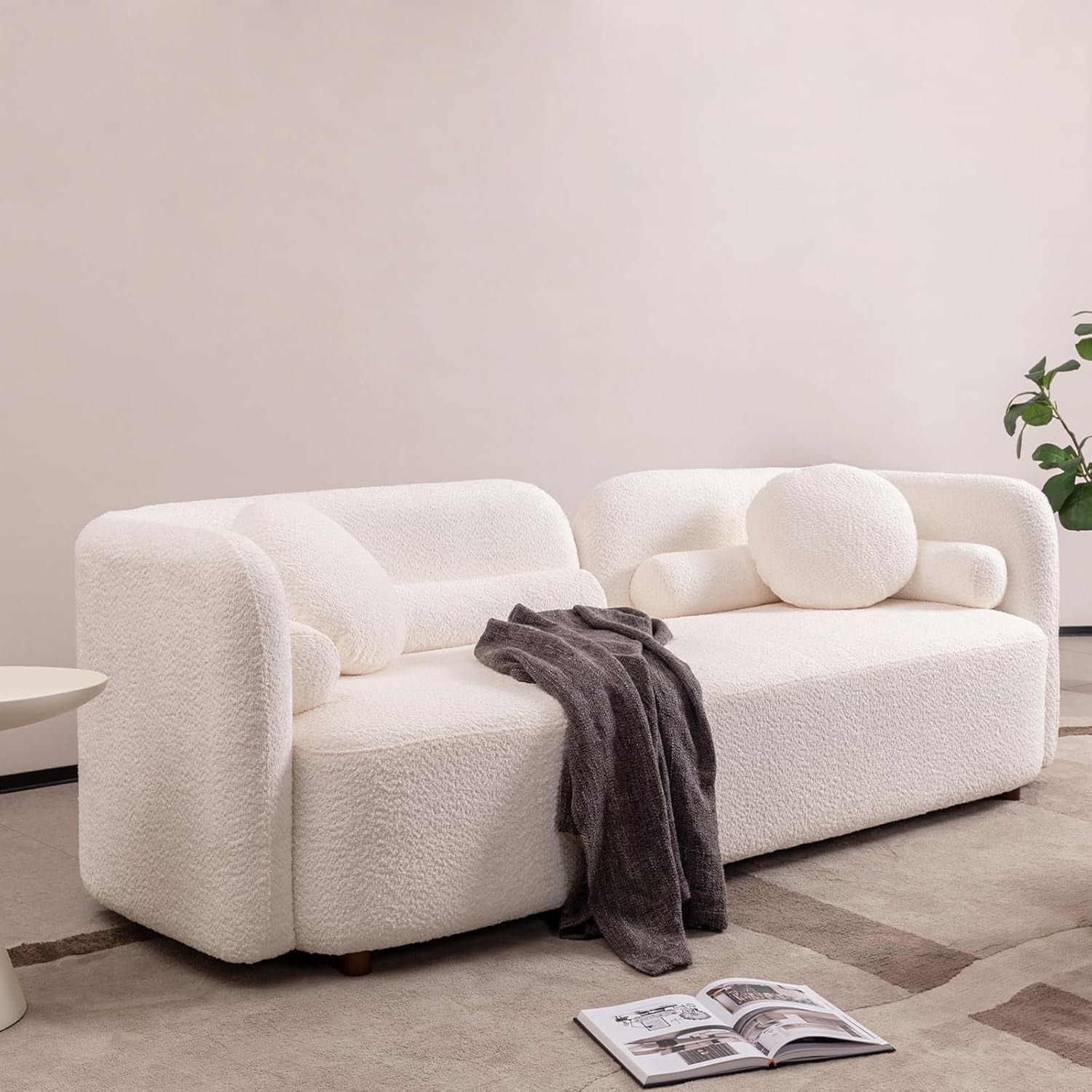 Modern White Rectangular Cloud Couch - Curved Back 3-Seater Sofa with Boucle Fabric, Solid Wood Frame & 2 Pillows - Perfect for Minimalist Living Rooms