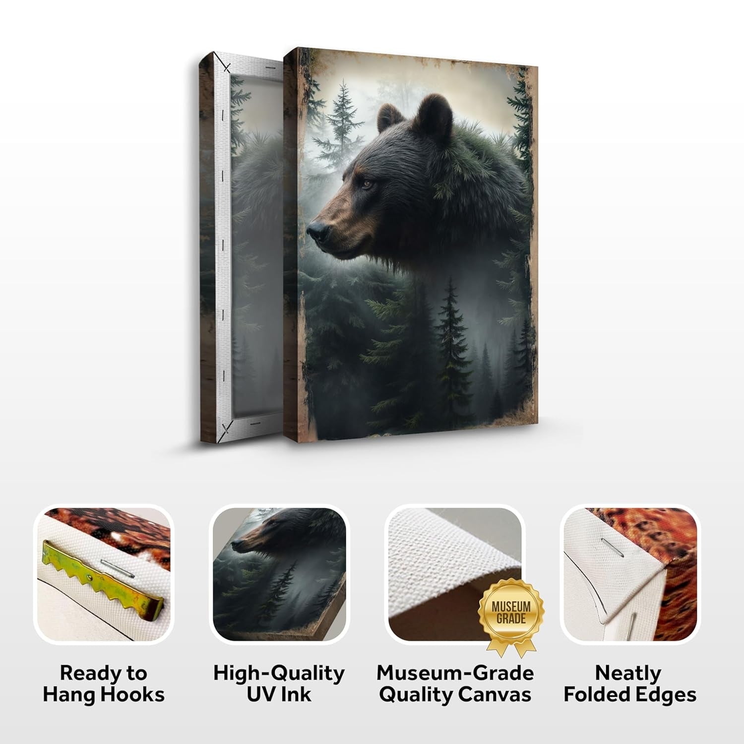 Rustic Black Bear Canvas Wall Art - Grizzly Forest Decor for Cabin & Lodge, Large 32" x 48" Pictures