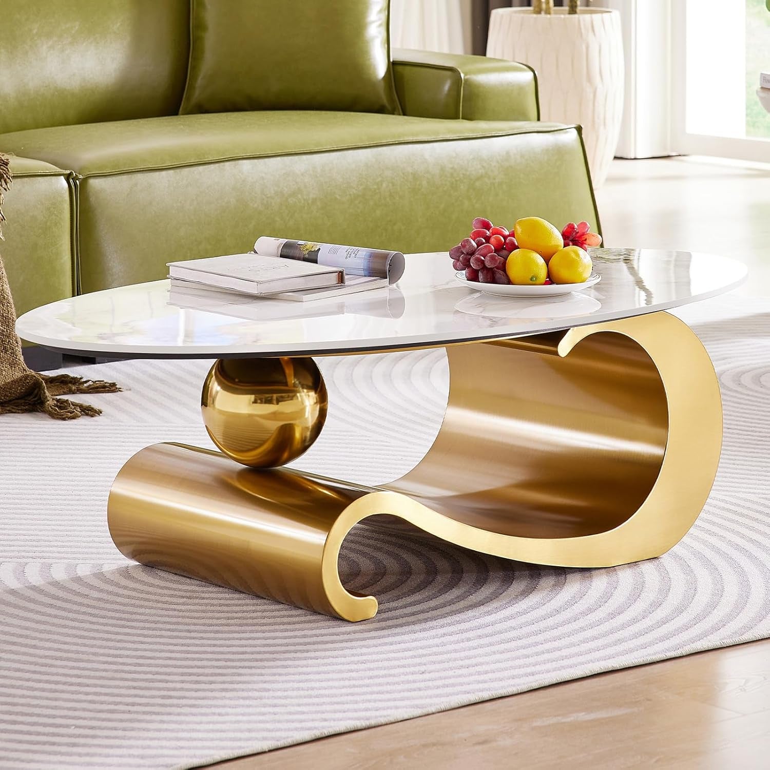 Elegant 49.2-Inch Oval Faux Marble Coffee Table with Gold Metal Base - Luxury Living Room Furniture, Scratch-Resistant & Easy to Assemble