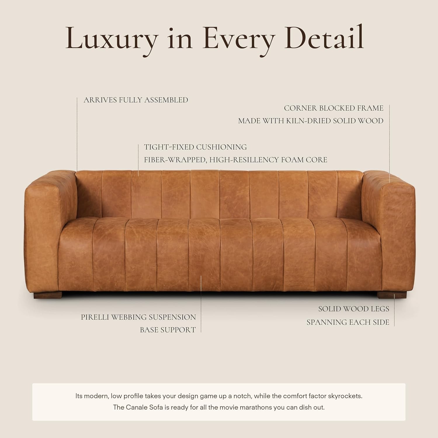 Canale 86" Full-Grain Channel Tufted Leather Couch - Luxurious Vintage Italian Leather Sofa in Cognac Tan for Your Living Room