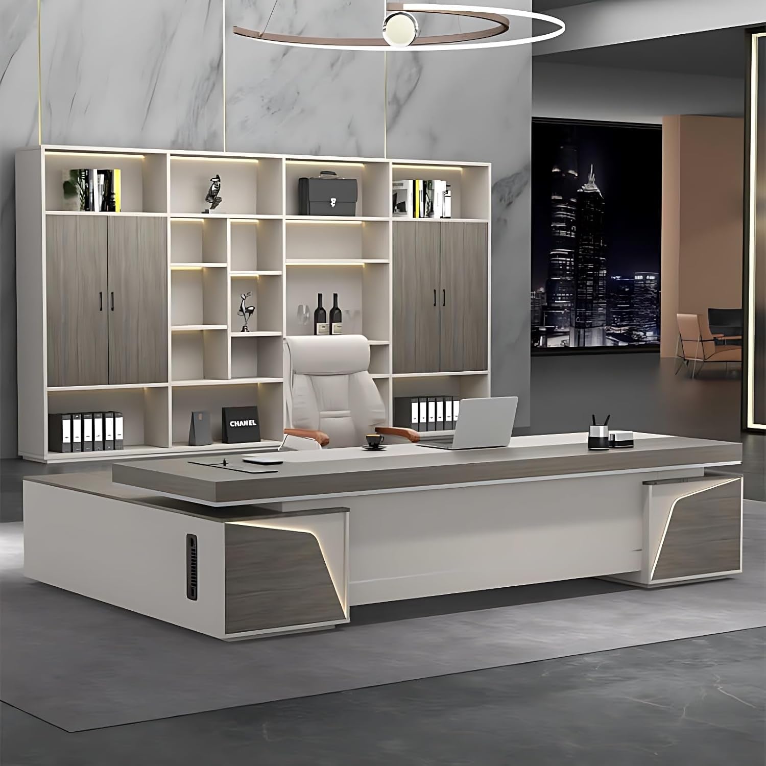 Stylish Executive L Desk with Built-In Power Hub - Spacious Corner Workstation for Home Office & Studio (141.7")