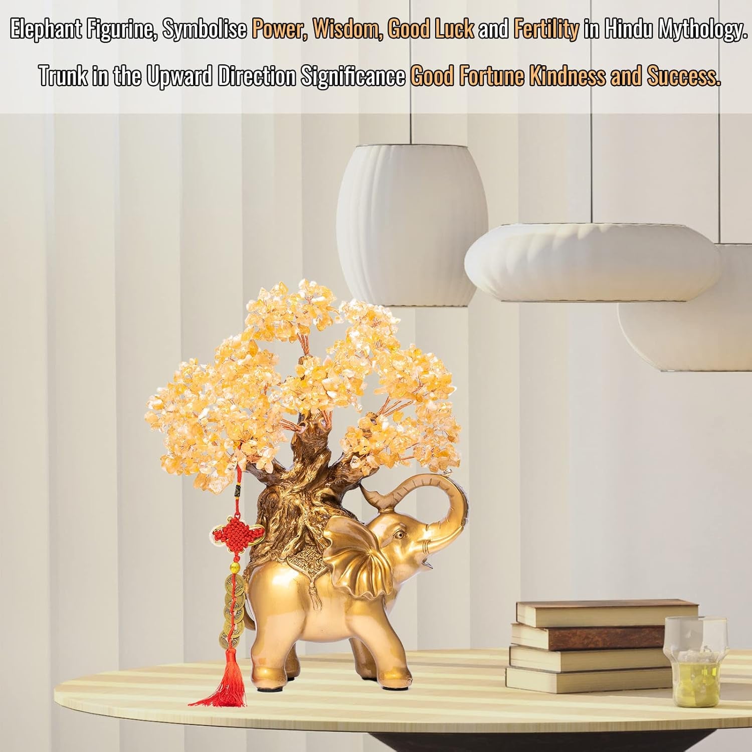 Citrine Crystal Money Tree on Gold Elephant Statue - 17" Large Gemstone Bonsai Tree of Life for Wealth and Positive Energy, Ideal Feng Shui Home Décor Gift