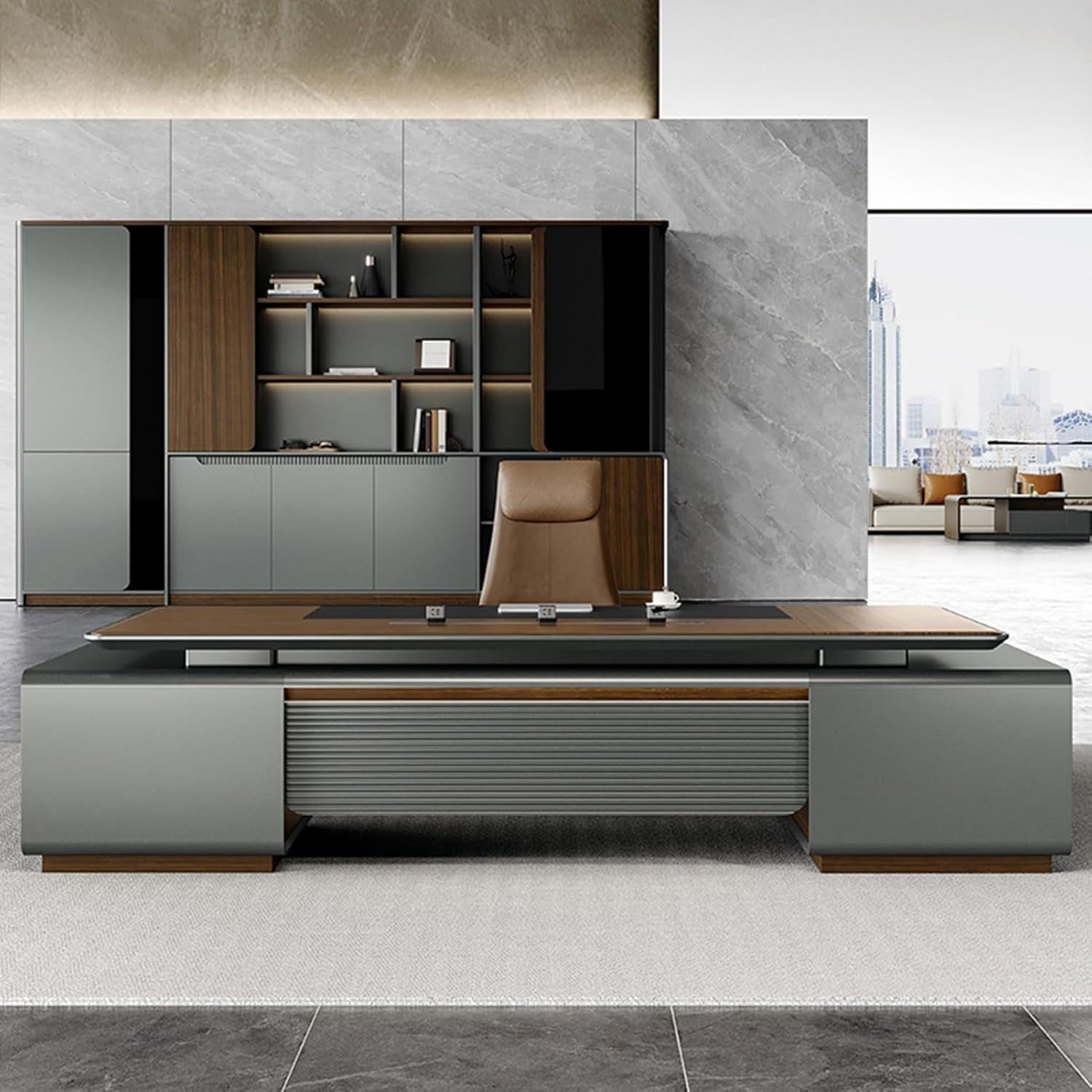 Stylish Brown L Shaped Executive Office Desk with Lateral Cabinet - Perfect for Home Office & Business Needs