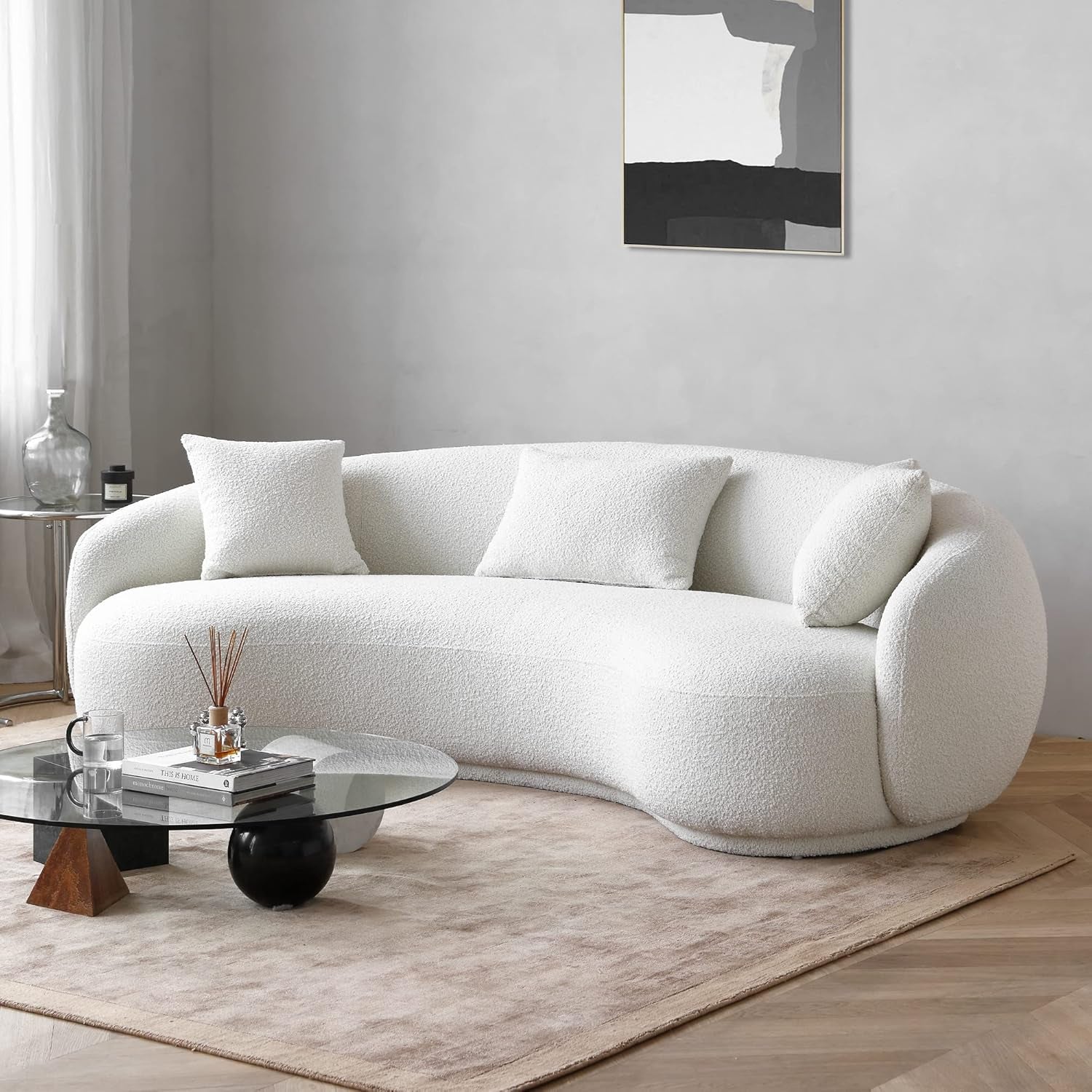 Stylish Mid Century Modern 4-Seat Curved Boucle Sofa - Perfect for Living Room, Bedroom, or Office in Elegant White