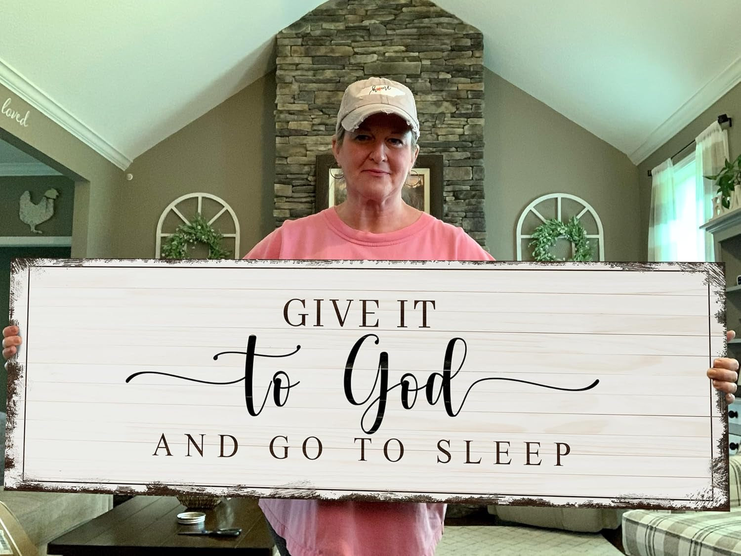 Christian Wall Art Decoration - Inspirational Religious Bible Verse Sign for Home, Living Room, and Bedroom - Faith-Focused Scripture Quote: "Give It to God and Go to Sleep," 60x20 Inches