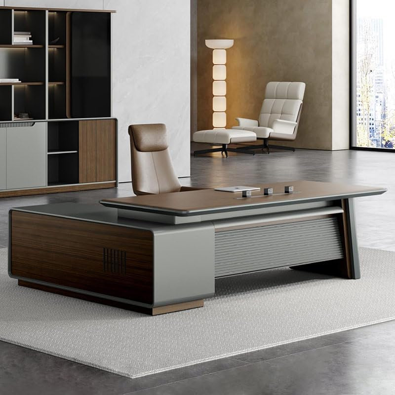 Stylish Brown L Shaped Executive Office Desk with Lateral Cabinet - Perfect for Home Office & Business Needs