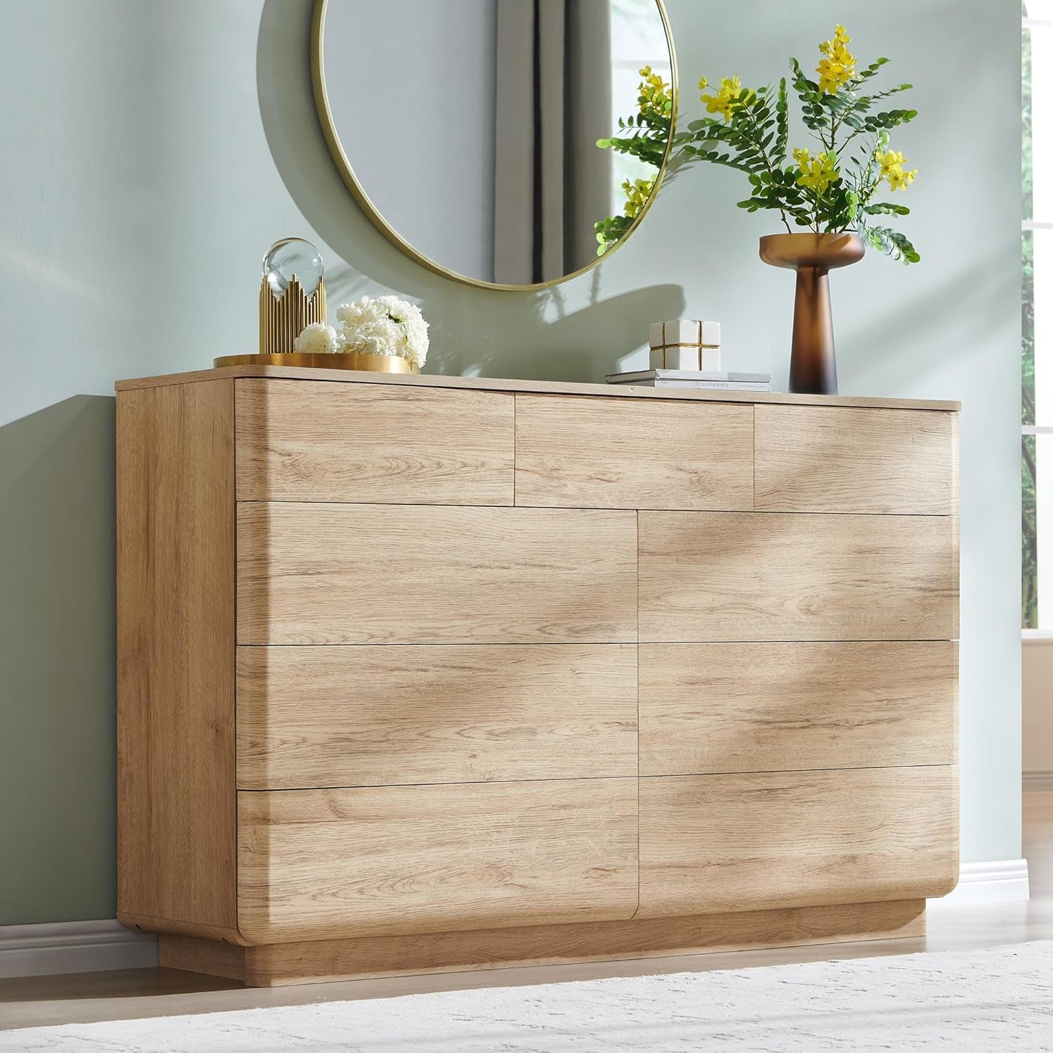 Stylish 9-Drawer Wooden Dresser - 52" Curved Design with Ample Storage for Bedroom, Living Room & Hallway - Natural Oak Finish