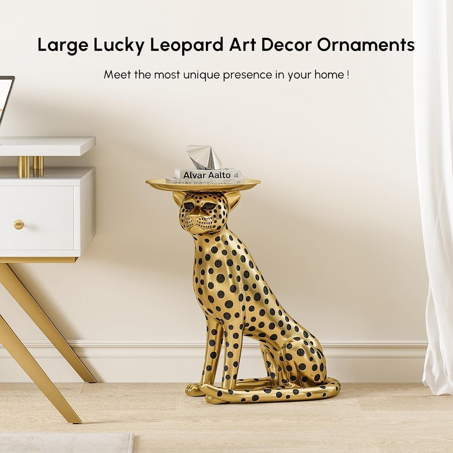 Elegant Animal-Themed Side Table with Tray Top – Gold Leopard Statue Panther Figurine End Table Decor for Home and Gifting