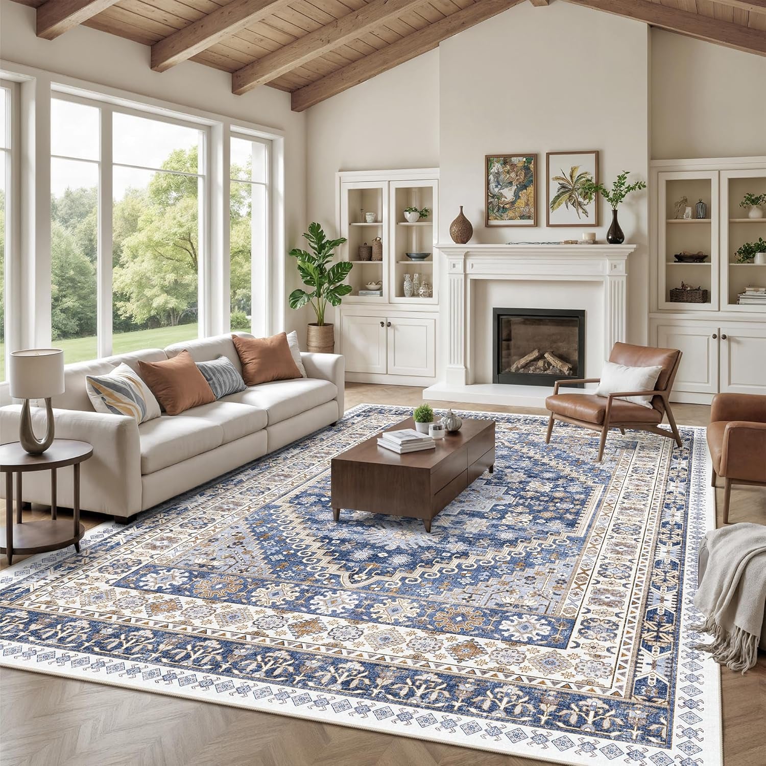Luxurious 10X14 Stain-Resistant Washable Area Rug - Non-Slip Ultra-Thin Design for Living Room & Bedroom Decor (Blue/Beige)