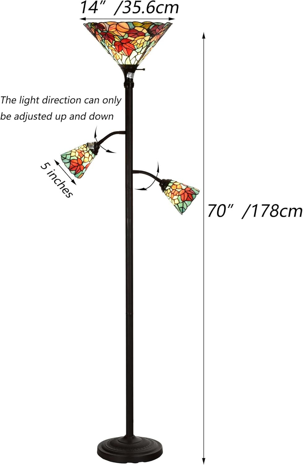 Maple Leaf Tiffany Style Stained Glass Torchiere Floor Lamp - 70-Inch Elegant Home Decor with Sidelights for Reading (Red)