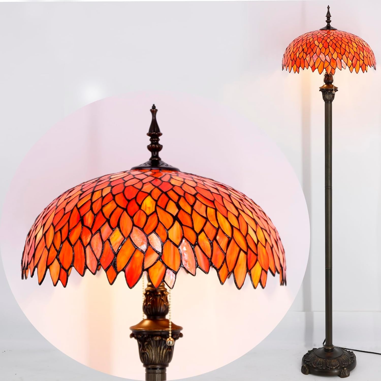 Elegant Tiffany Floor Lamp with Red Orange Wisteria Stained Glass - Antique Style Standing Light for Bedroom, Living Room, and Home Office - 64 Inches Tall