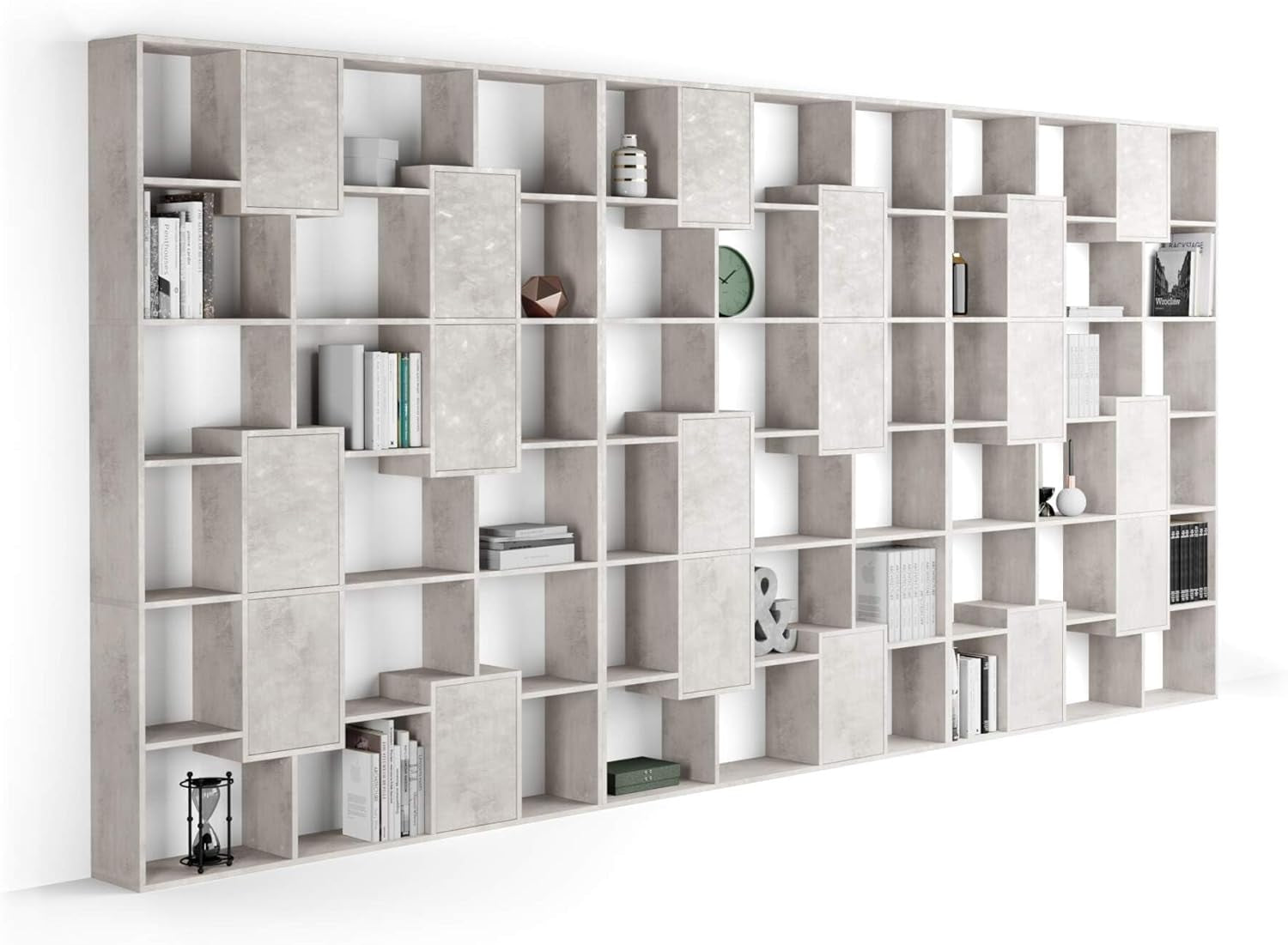 Iacopo XXL Modern Bookcase with Panel Doors – Concrete Effect Grey Storage Solution for Living Room & Office (189.9 X 93.1 In) - Elegant Italian Furniture