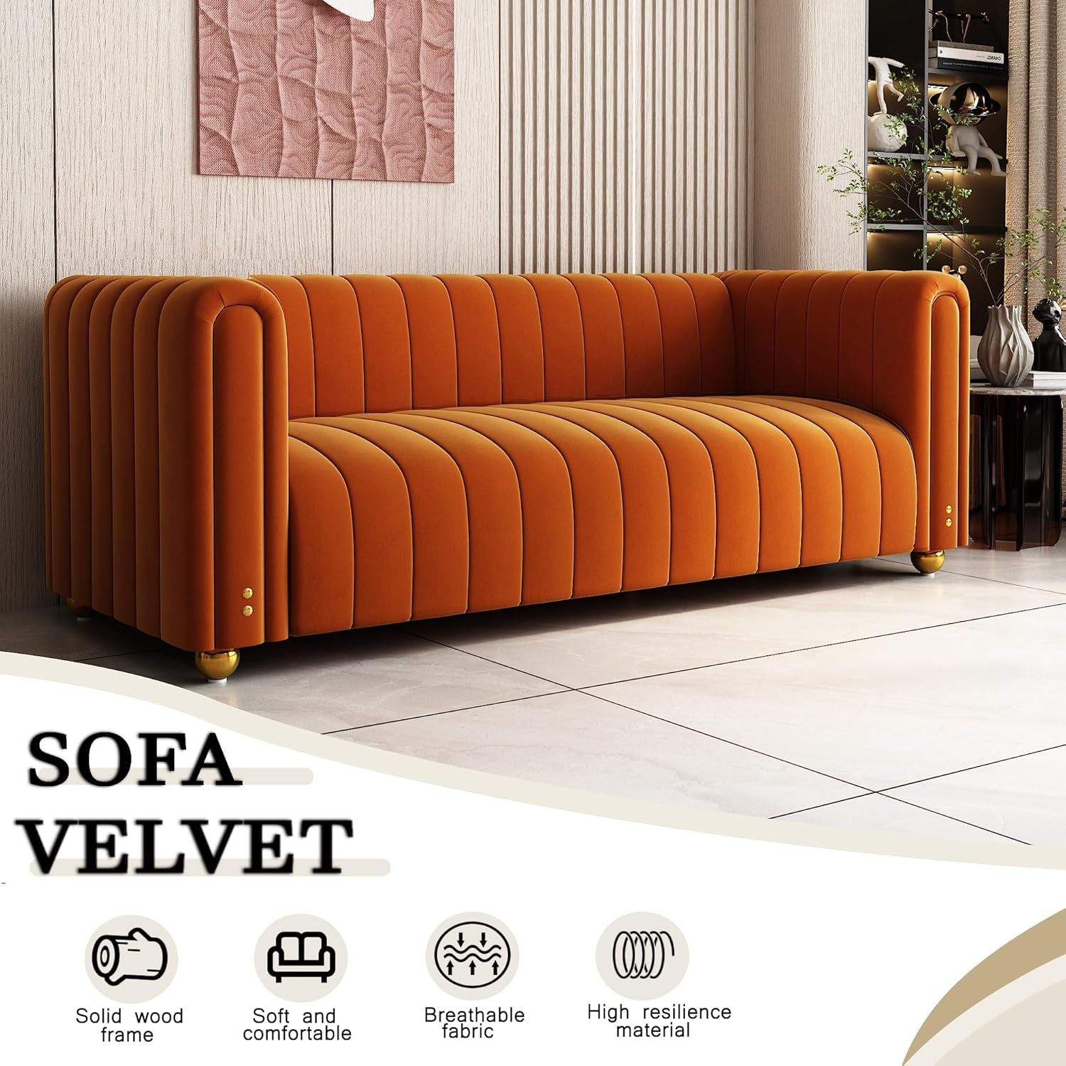 Luxurious 81" Mid Century Modern Orange Velvet Sofa - Comfy 3-Seat Loveseat with Gold Metal Legs for Living Room & Office