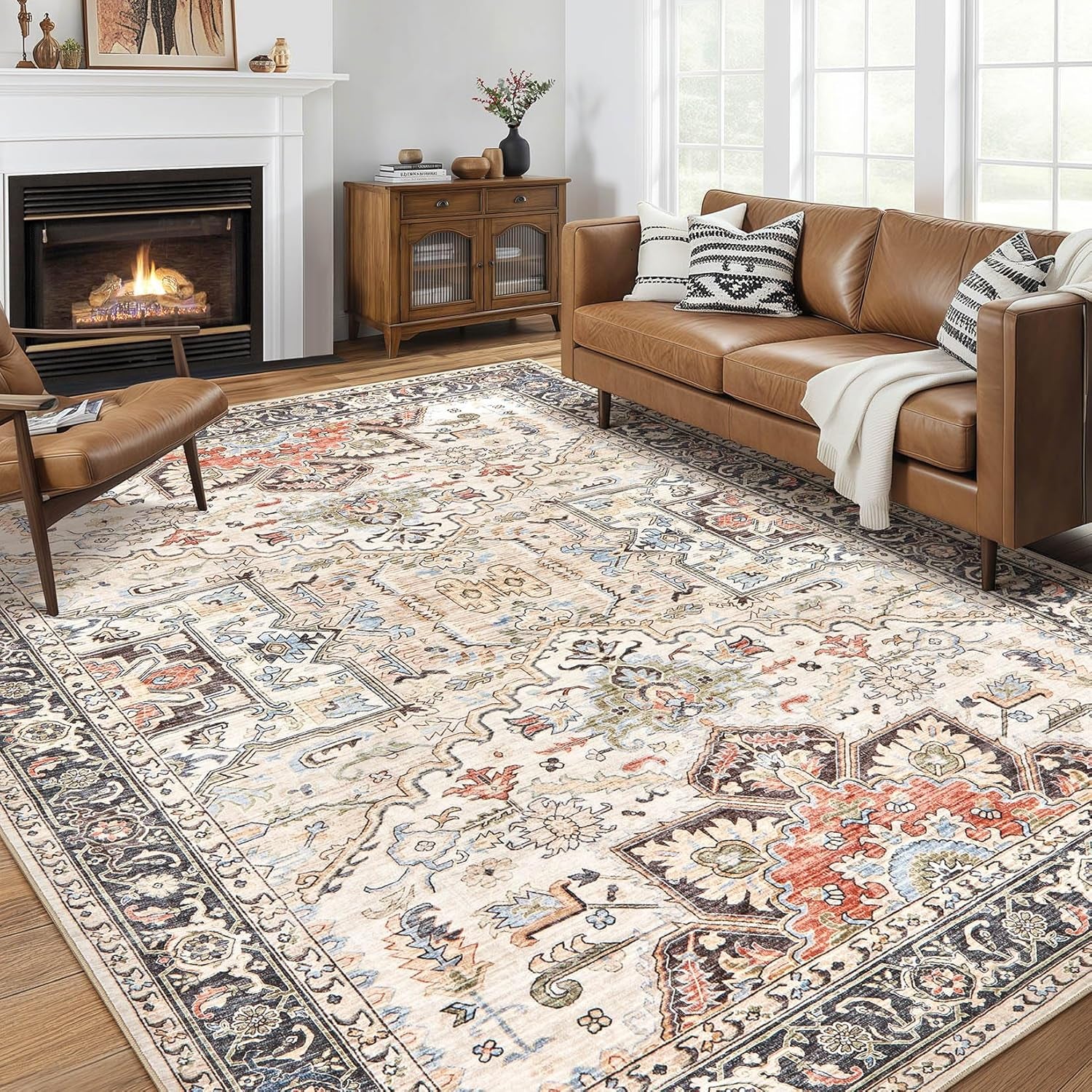 Large Ultra Thin Soft Washable Oriental Vintage Floral Area Rug - 10x14 Living Room Carpet for Bedroom, Nursery, and Dorm Home Décor - Aesthetic Multi-Color Design