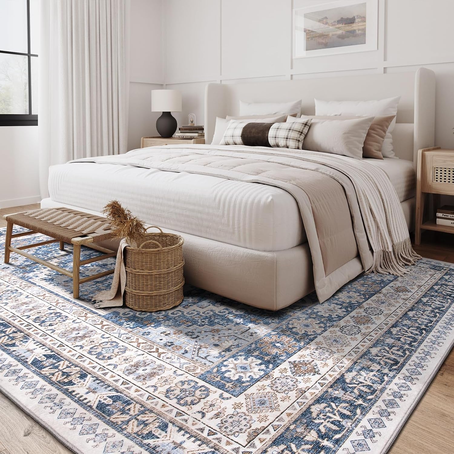 Luxurious 10X14 Stain-Resistant Washable Area Rug - Non-Slip Ultra-Thin Design for Living Room & Bedroom Decor (Blue/Beige)