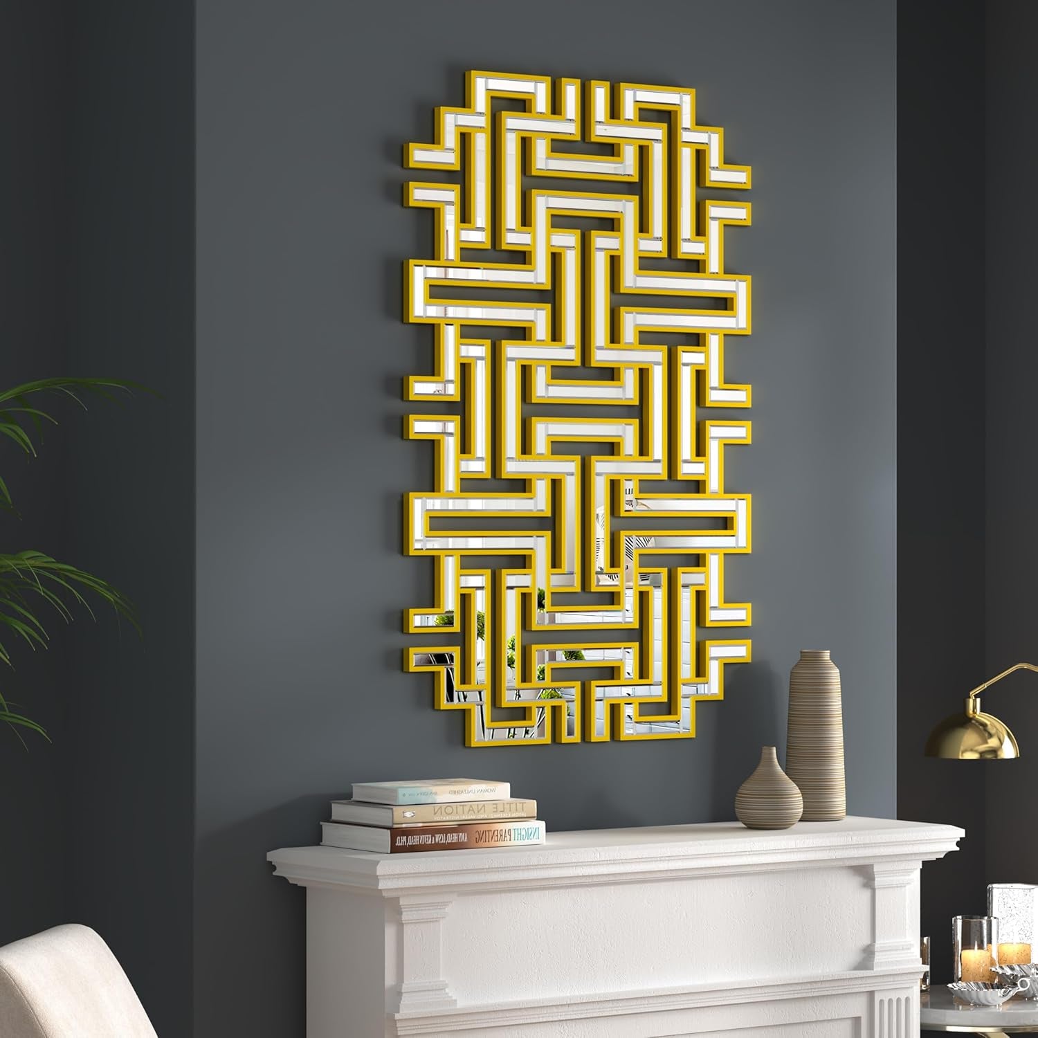 Stunning 46.5"X30" Large Gold Geometric Maze Wall Mirror - Perfect Decorative Accent for Living Room, Entryway, and Hallway