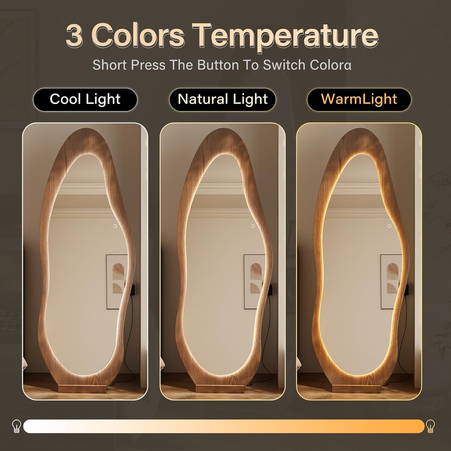 Stylish 69" X 24" Wavy LED Full Length Mirror - Shatter-Proof Design for Bedroom, Living Room, or Cloakroom in Elegant Walnut Finish