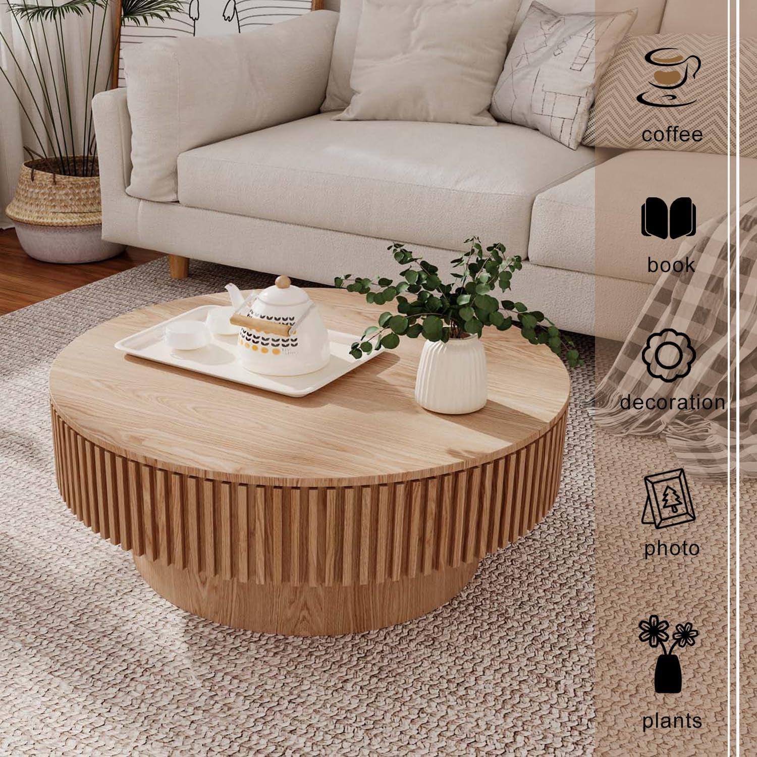 Stylish Round Coffee Table with Storage - Modern Wooden Design for Small Spaces, Perfect Accent for Living Room (31.5''L × 31.5''W × 14''H, Natural Finish)
