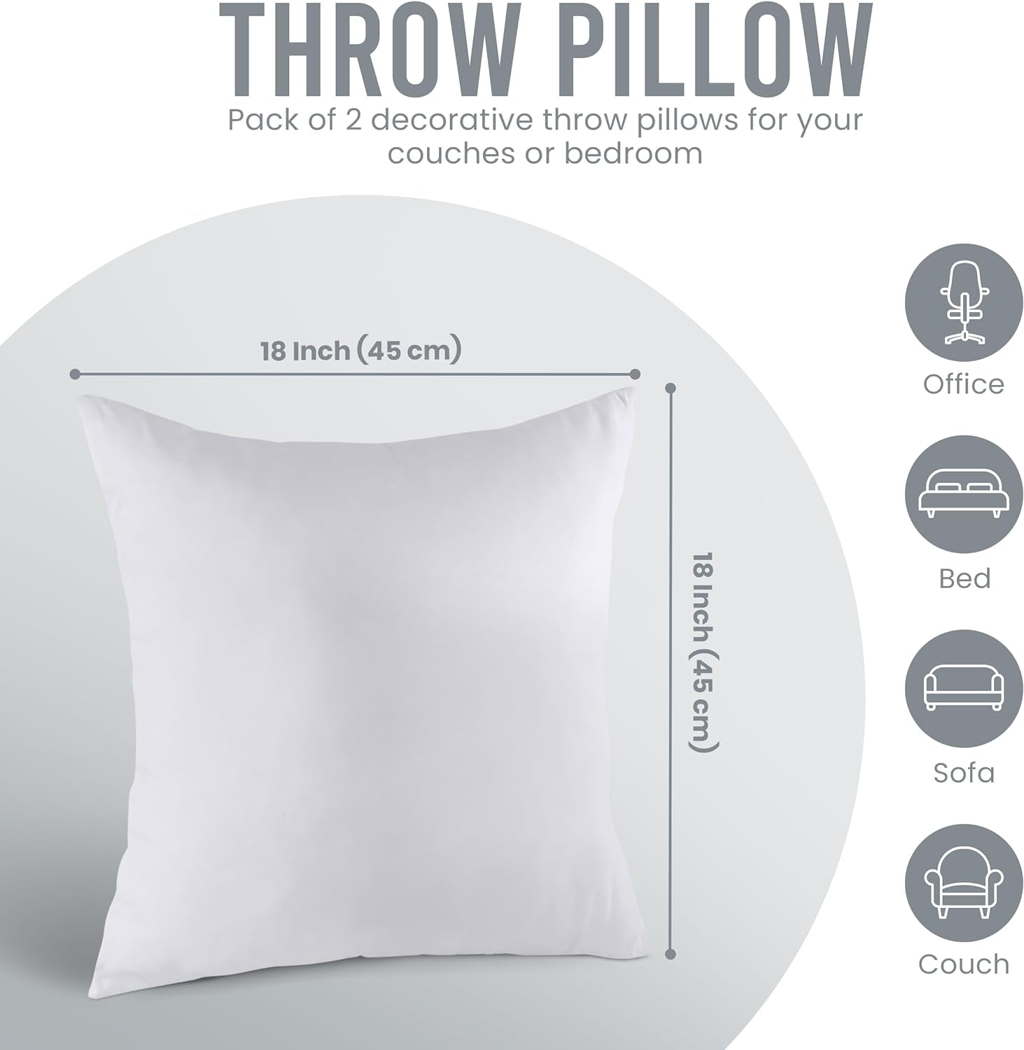 Cozy White Throw Pillow Inserts - Set of 2, 18x18 Inches for Bed & Couch Decor