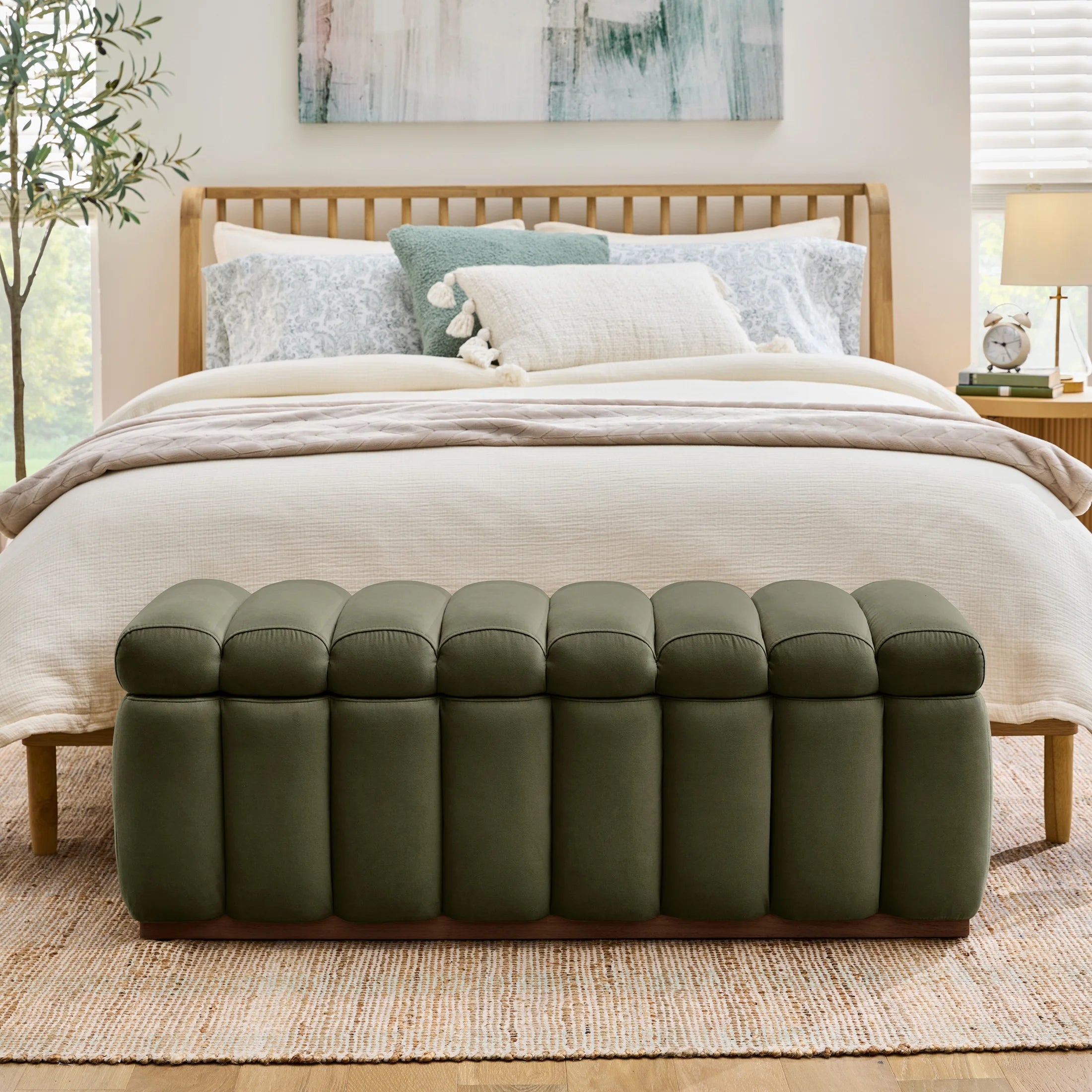 Lillian 47.24" Olive Velvet Channel Tufted Bench - Stylish and Elegant Accent Piece