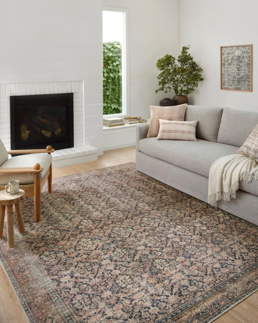 Amber Lewis Billie Collection 8'6" x 11'6" Distressed Ink & Salmon Area Rug - Perfect Antique Accent for High Traffic Living Rooms, Bedrooms, and Hallways