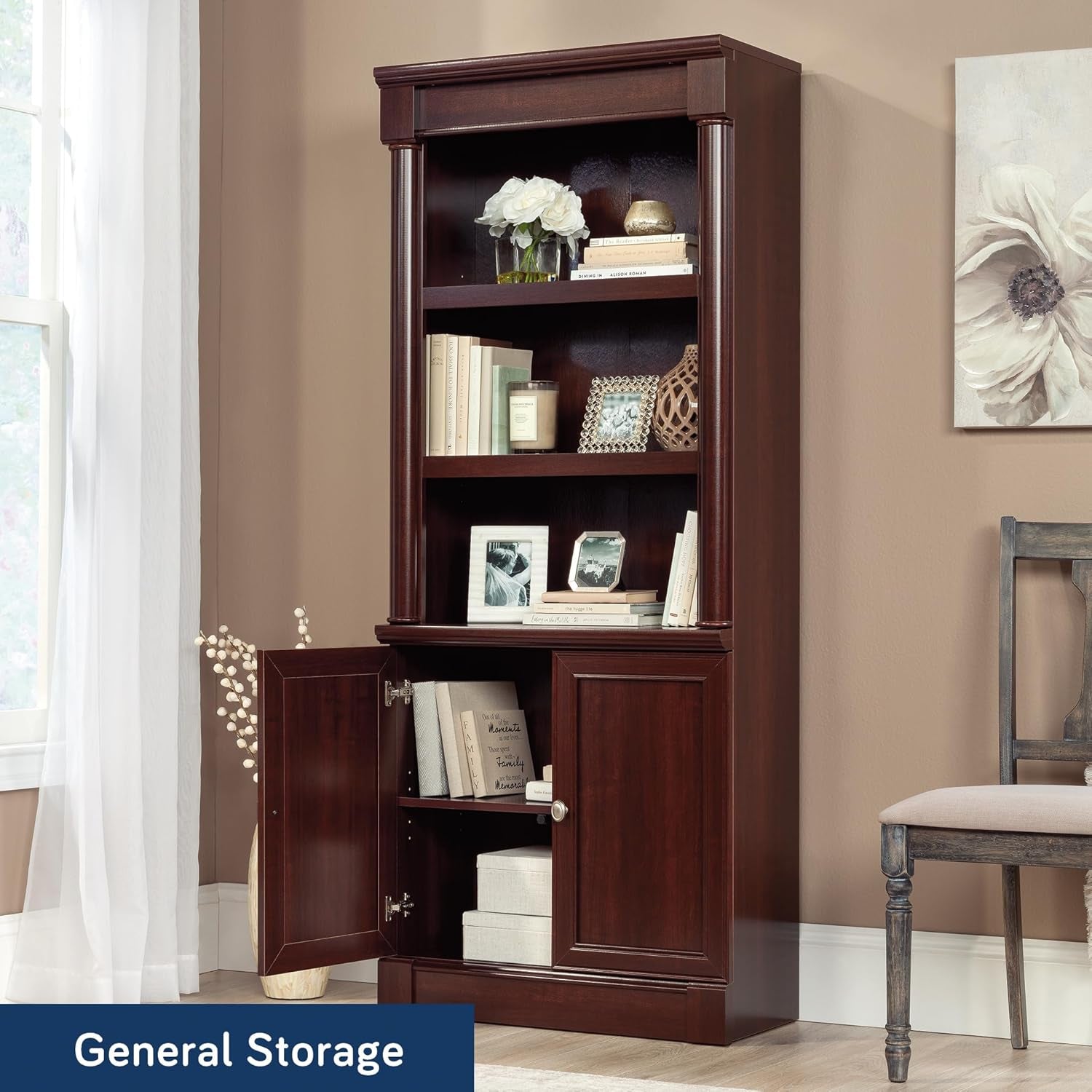 Elegant Palladia Book Shelf with Adjustable Shelves and Storage Doors - Stylish Library Bookcase in Select Cherry Finish