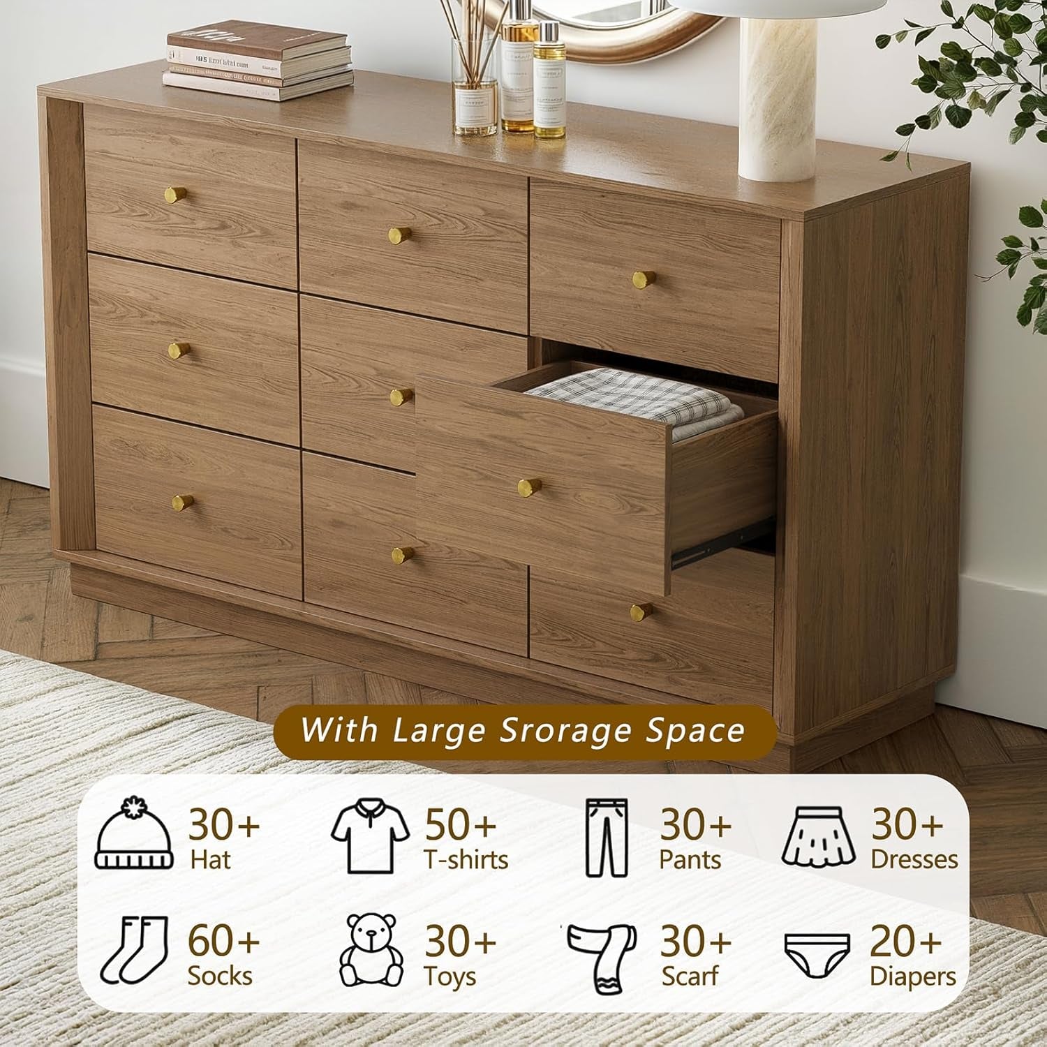 Mid Century Modern 9 Drawer Dresser - 55" Walnut Chest with Stylish Wood Grain Texture for Bedroom, Living Room & Hallway Storage