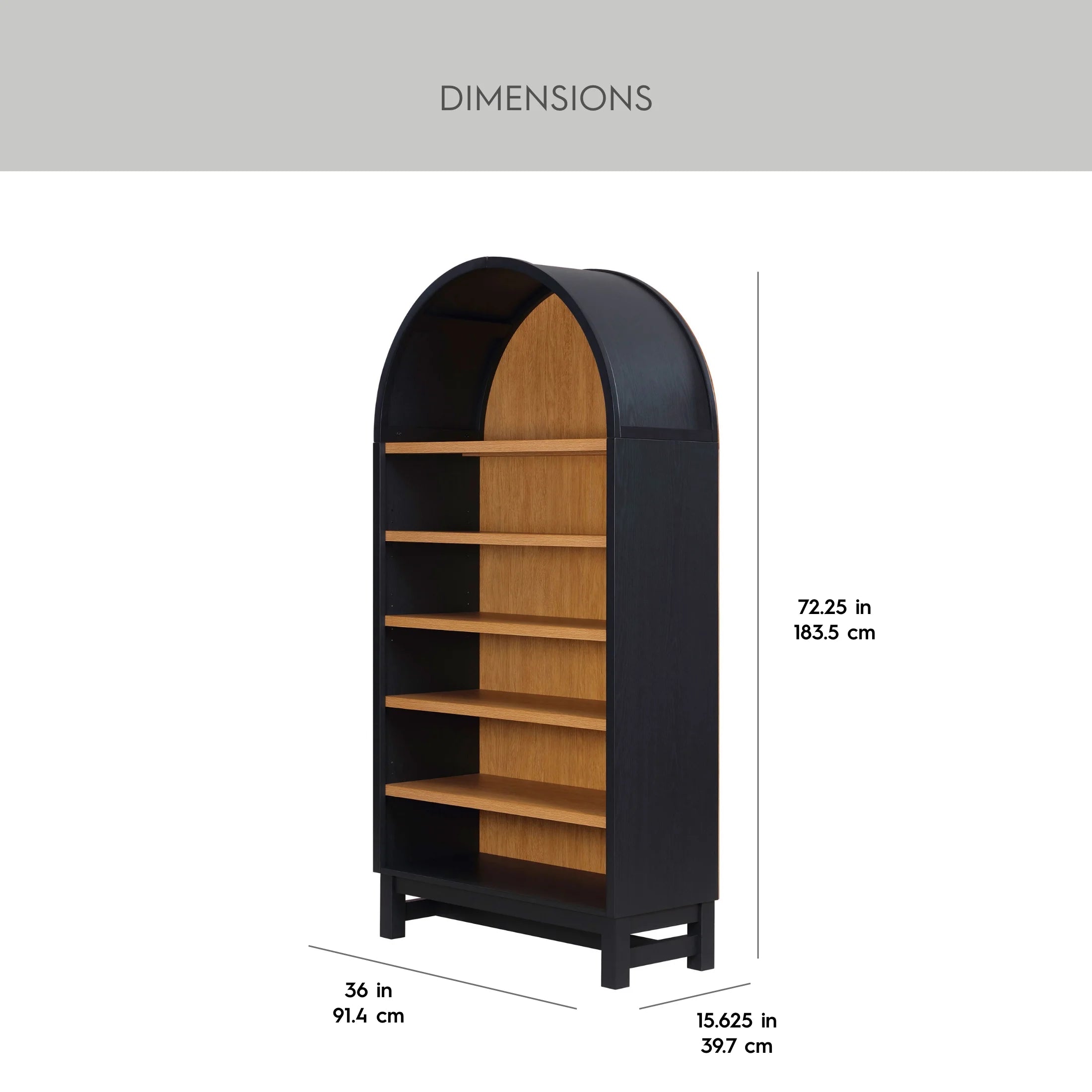 Stylish Juliet Open Arch Bookcase in Rich Black and Light Honey Finish