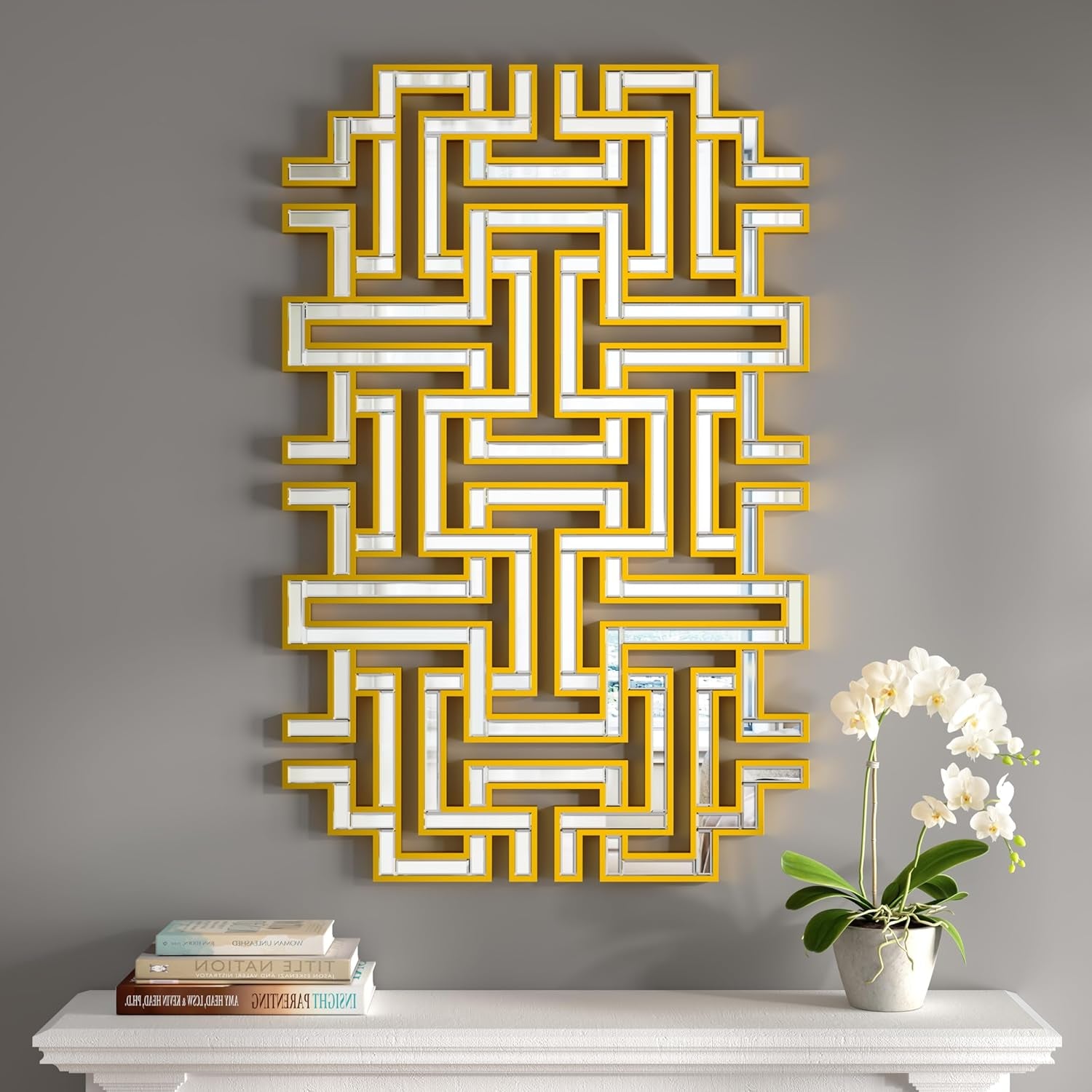 Stunning 46.5"X30" Large Gold Geometric Maze Wall Mirror - Perfect Decorative Accent for Living Room, Entryway, and Hallway