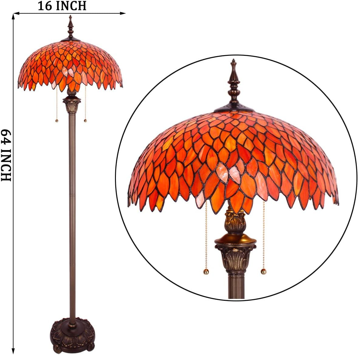 Elegant Tiffany Floor Lamp with Red Orange Wisteria Stained Glass - Antique Style Standing Light for Bedroom, Living Room, and Home Office - 64 Inches Tall