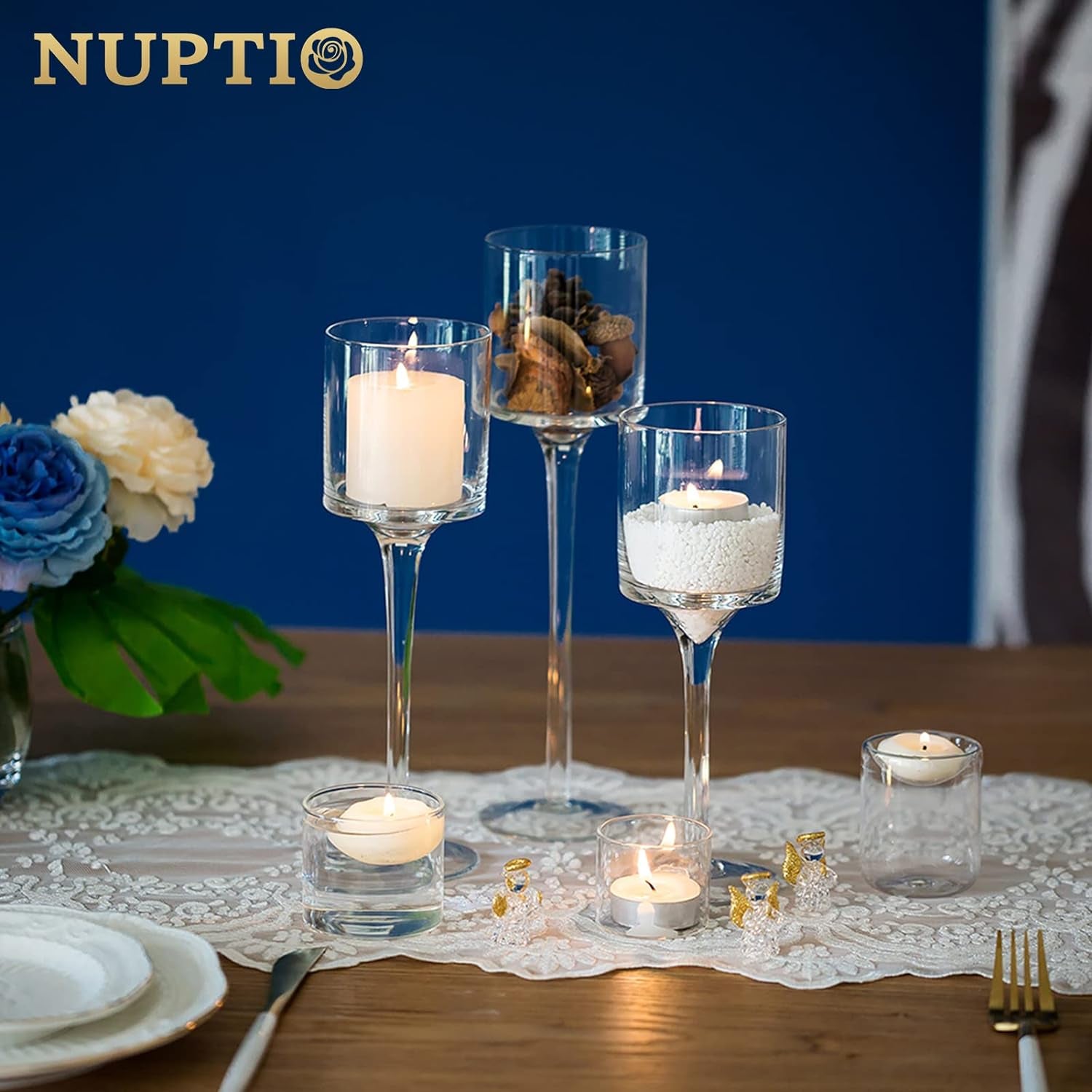 Elegant Tall Glass Pillar Candle Holders with 30 Tea Light Candles - Perfect for Wedding & Home Centerpiece Decor