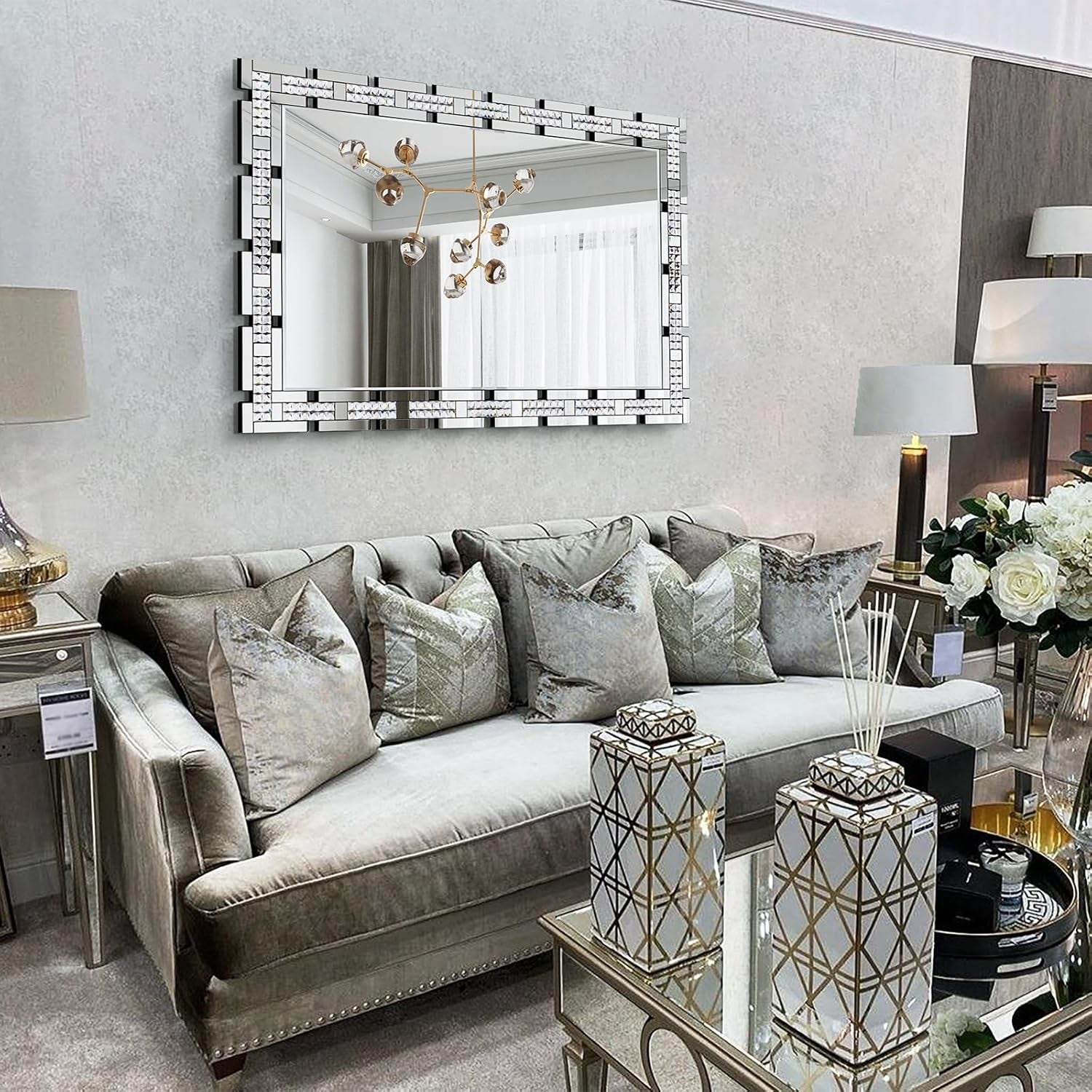 Stunning 32" X 47" Large Beveled Edge Wall Mirror with Crystal Frame - Modern Decorative Accent for Living Room, Home Office, and Entryway