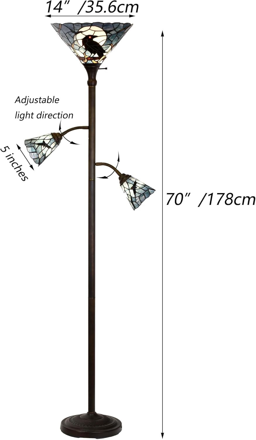 Raven Moonlit Tiffany Style Stained Glass Torchiere Floor Lamp - 70-Inch Dark Blue Reading Light with Sidelights