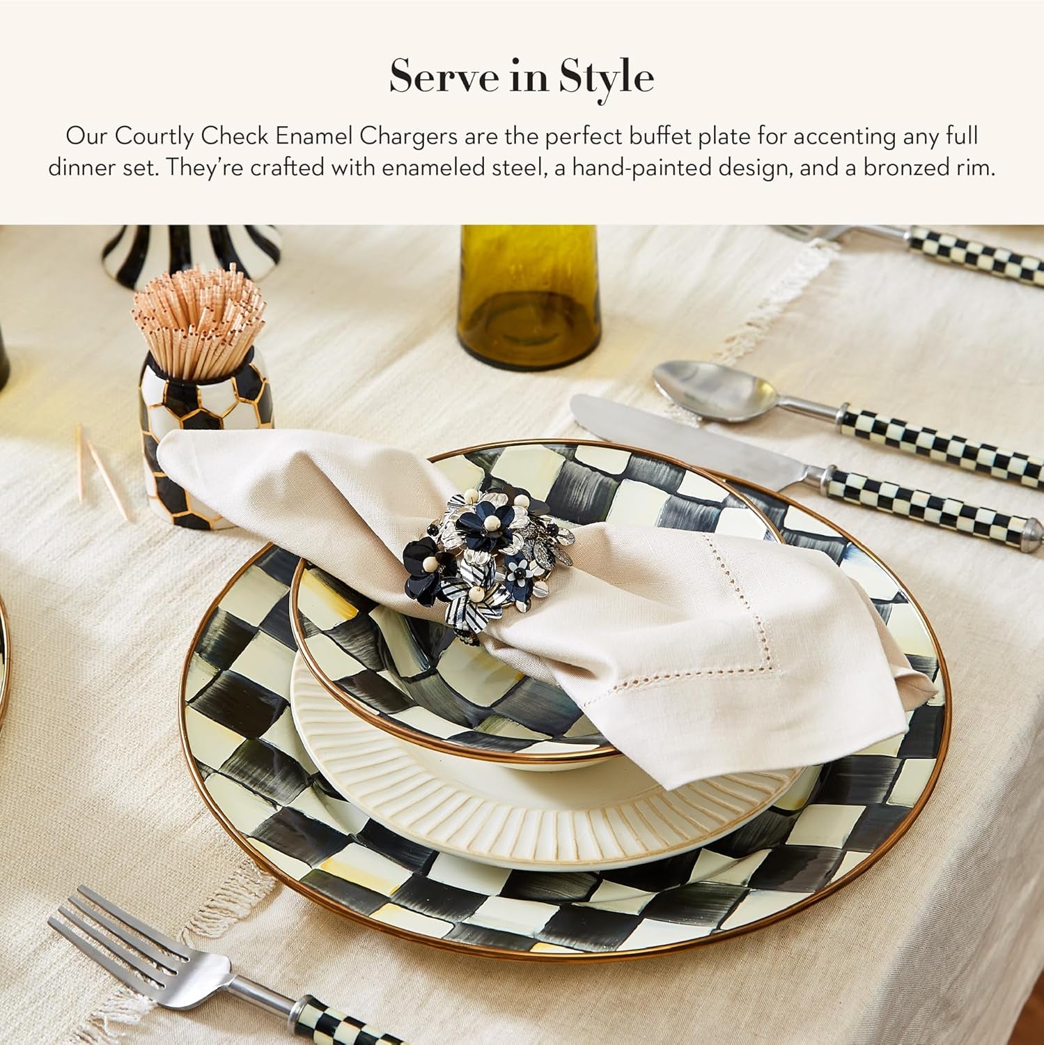 Elegant Black-and-White Courtly Check Enamel Charger Plates - Set of 4, 12 Inches - Perfect for Dinner Parties and Home Decor