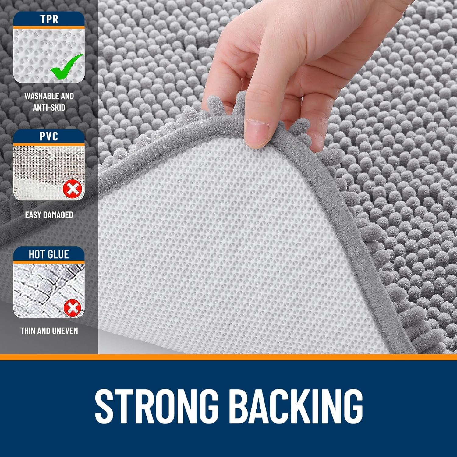 Ultra-Soft Chenille Bathroom Rugs 30x20 - Quick-Dry, Machine Washable, Non-Slip Rubber Backing - Stylish Grey Bath Mats for Tub and Shower Decor