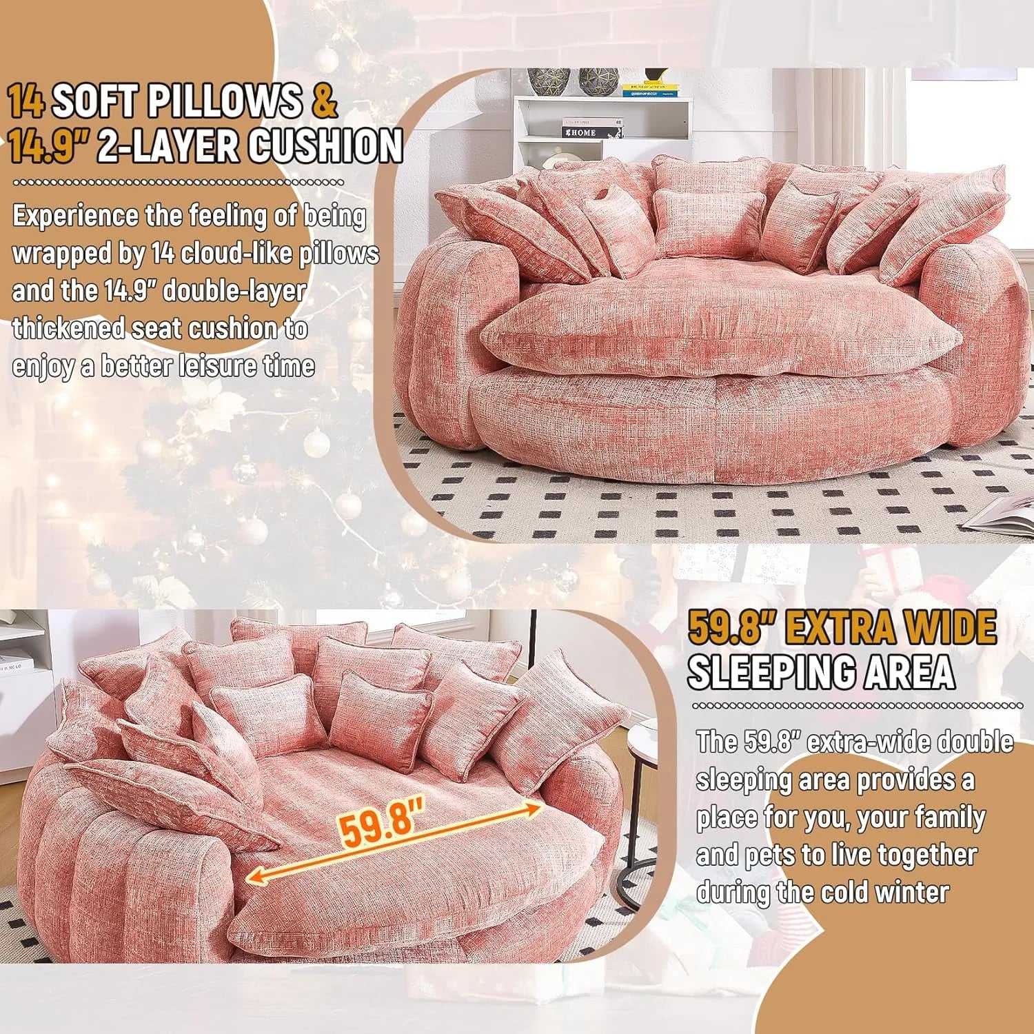 Luxurious 81.1' Oversized Round Chaise Lounge Chair | Extra Wide Indoor Sofa Bed with 14 Plush Pillows – Comfy Cloud Reading Couch & Fluffy Sleeper Sofa