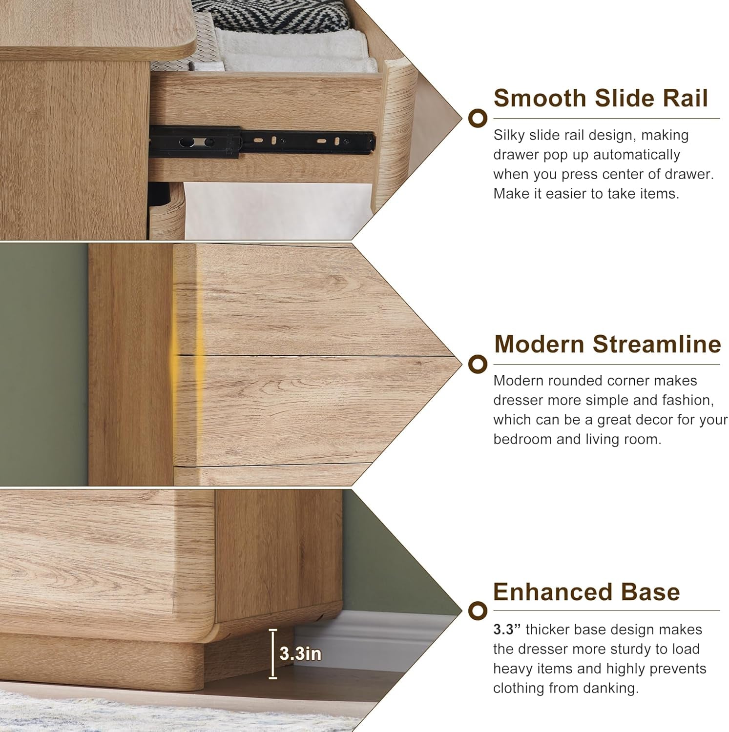 Stylish 9-Drawer Wooden Dresser - 52" Curved Design with Ample Storage for Bedroom, Living Room & Hallway - Natural Oak Finish