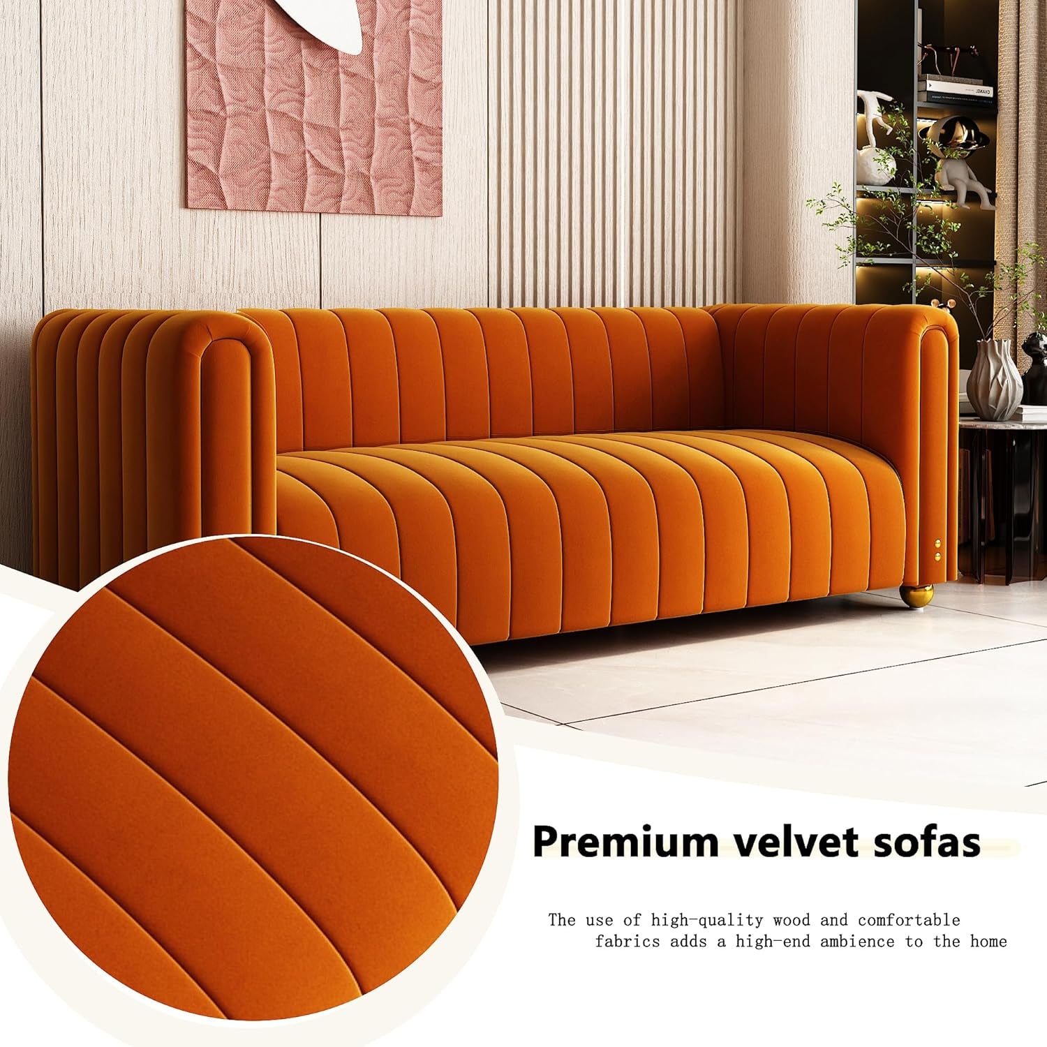 Luxurious 81" Mid Century Modern Orange Velvet Sofa - Comfy 3-Seat Loveseat with Gold Metal Legs for Living Room & Office