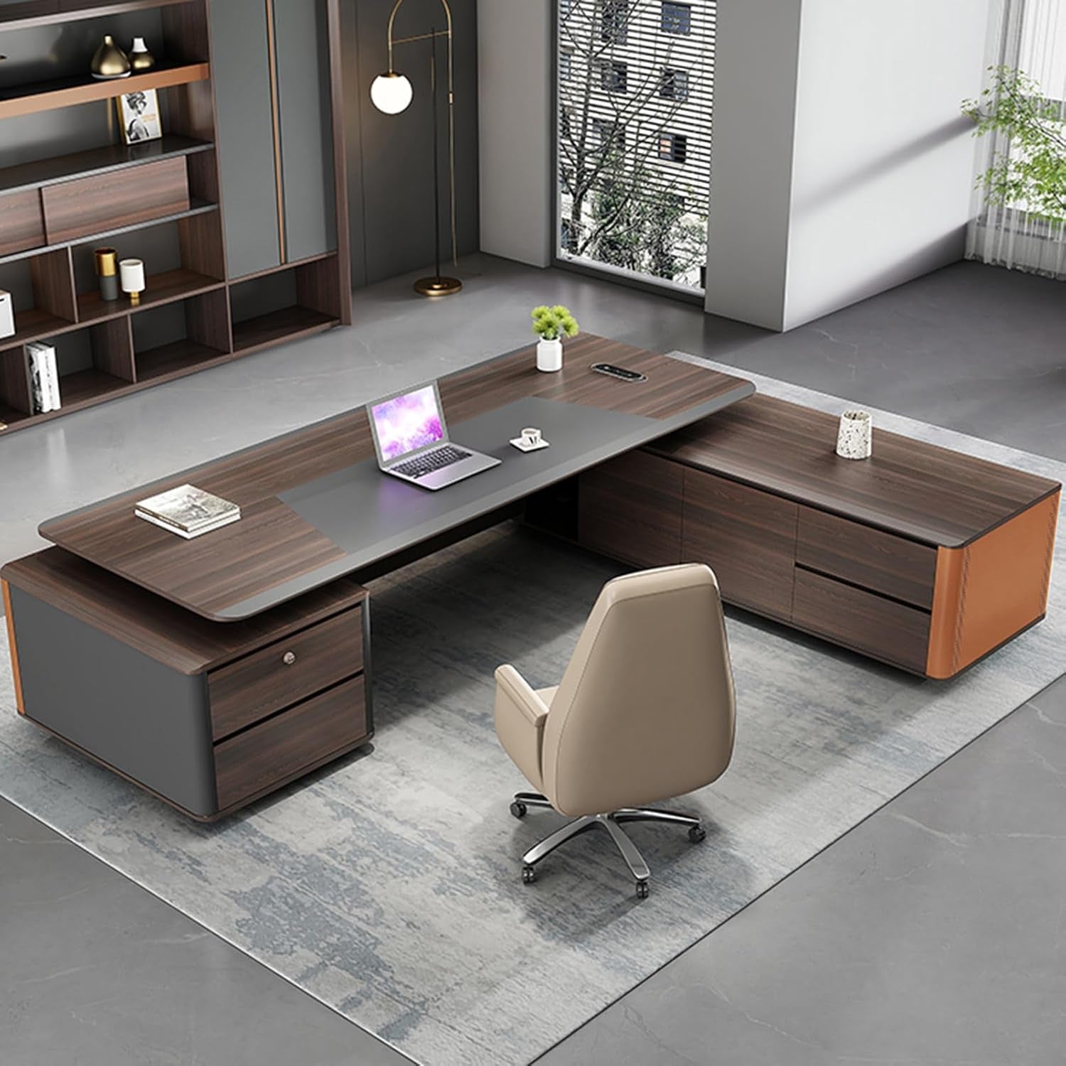 Extra Large Rustic L-Shaped Executive Desk - 94-Inch Luxury Wood Office Furniture with File Drawers, Cable Management, Shelves, and USB Charging Ports for Your Home or Boss Office Workspace