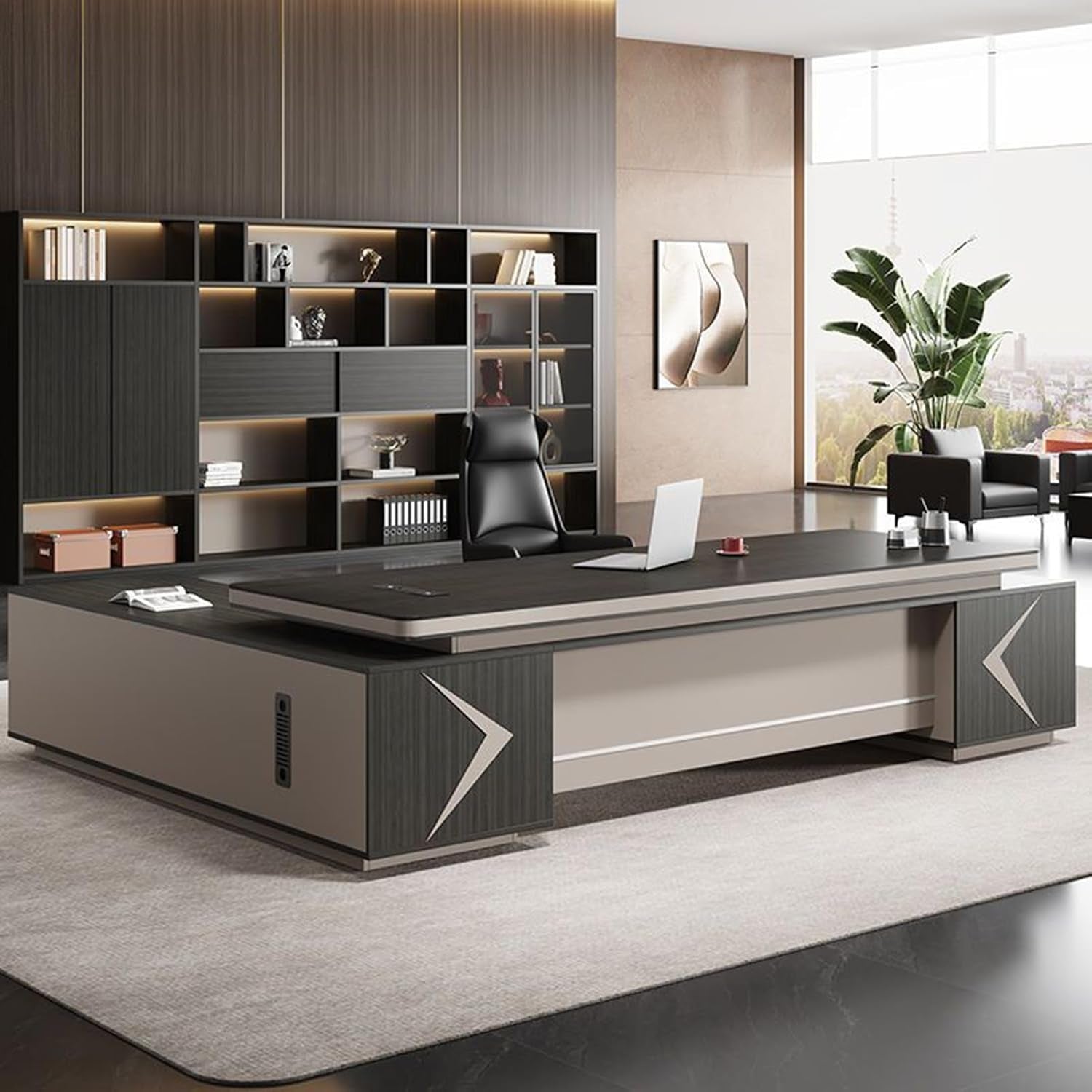 Elegant Black Wood Executive Office Desk Set with Lateral Cabinet - Perfect for CEOs and Professionals