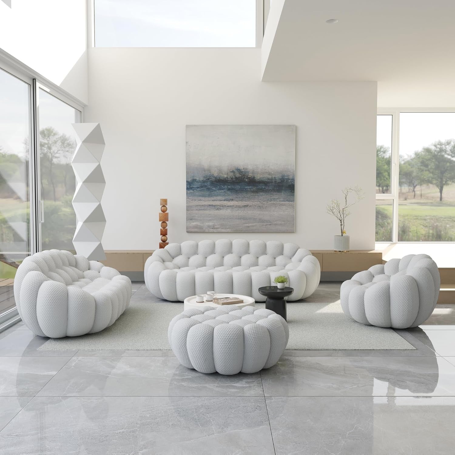 Modern Bubble Sofa Set - Curved Comfy Upholstered Couches in Light Grey for Stylish Living Rooms - 1 Seater, 2 Seater, 3 Seater & Ottoman Included