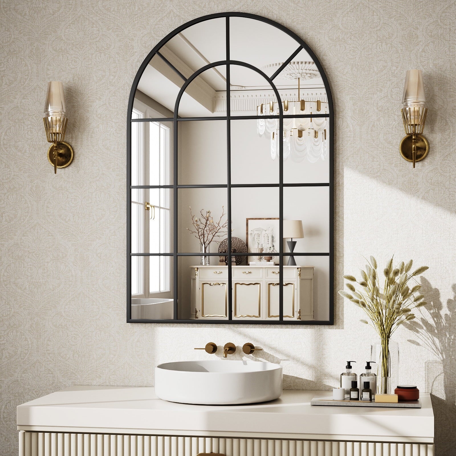 Elegant 36" X 24" Arched Black Windowpane Wall Mirror - Stylish Home Decor