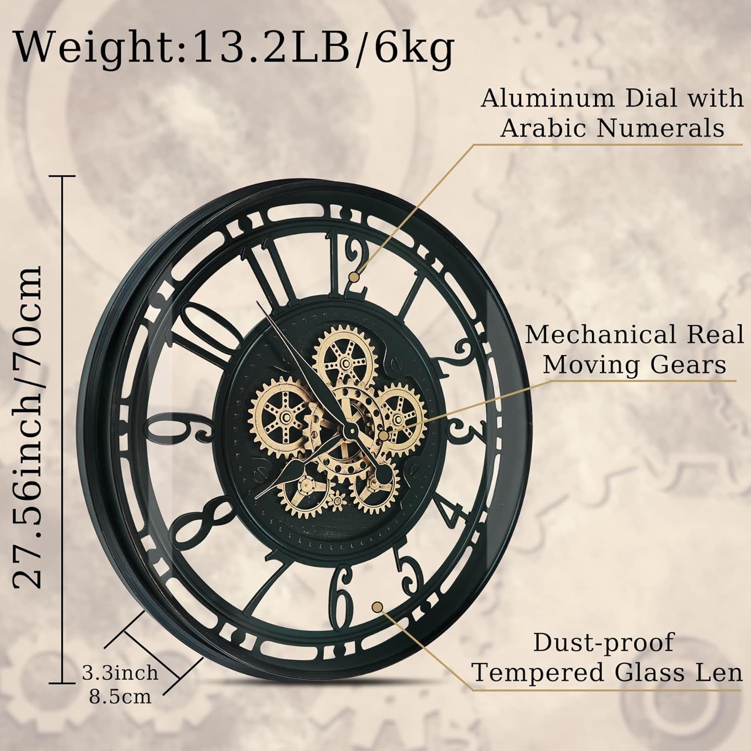 Large Industrial Steampunk Metal Wall Clock - 27.6 Inch Black Gold Rustic Decor for Living Room, Farmhouse & Office
