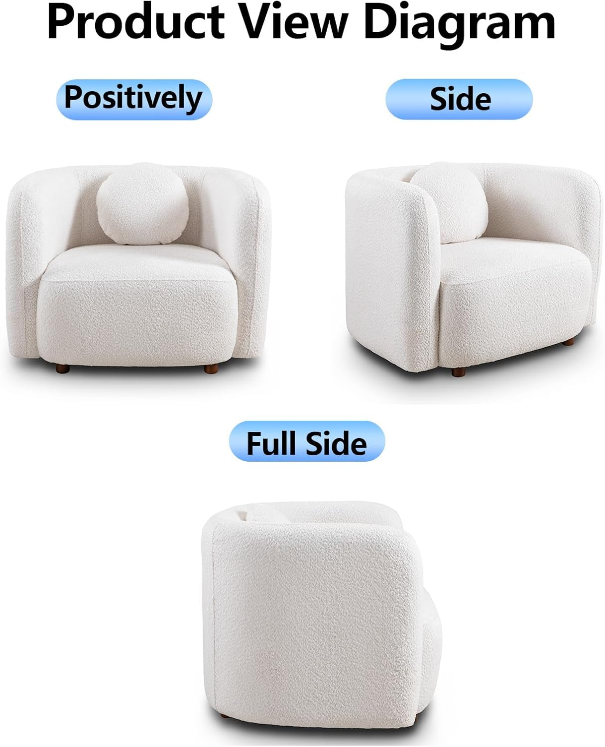 Modern White Curved Back Sofa Set - 3 Seater Couch + 2 Single Chairs with Boucle Fabric and Solid Wood Frame, Includes 6 Pillows