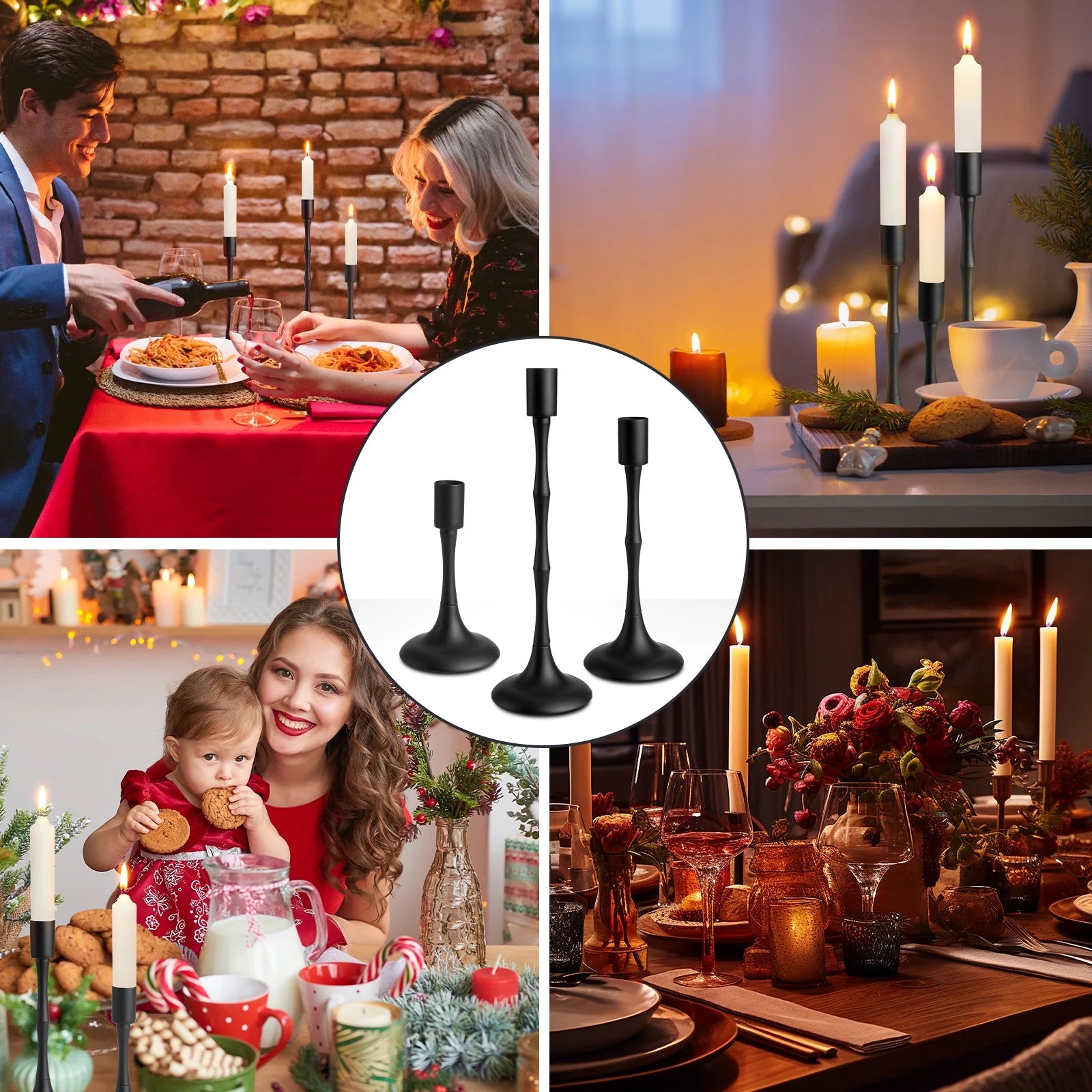Elegant Black Metal Taper Candle Holders - Set of 3 Candelabras for Weddings, Dining & Home Decor