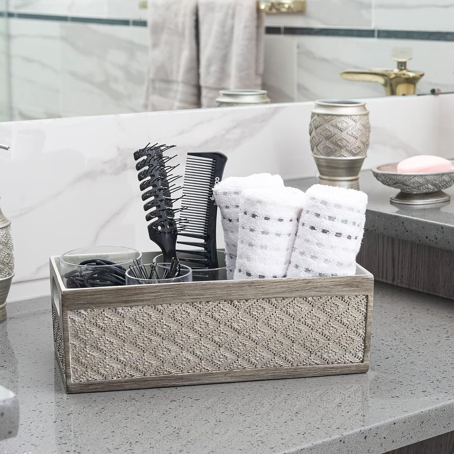 Dublin Silver Decorative Bathroom Storage Box and Toilet Paper Holder - Elegant Tank Topper and Sink Organizer