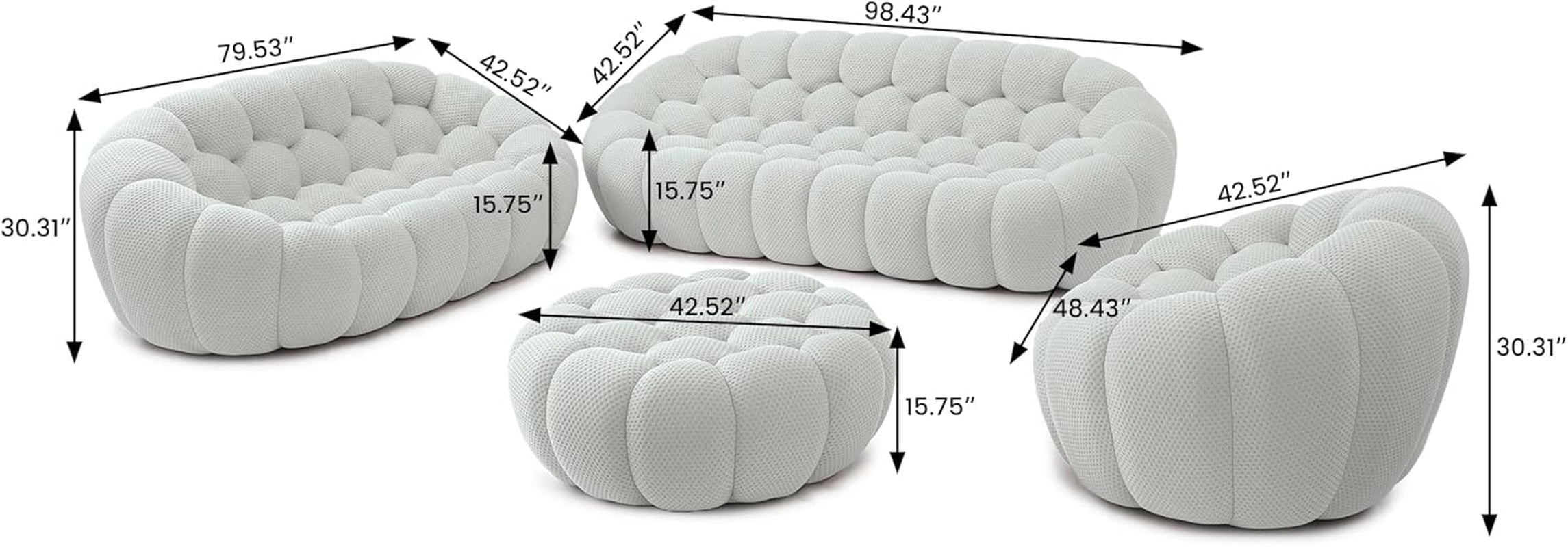 Modern Bubble Sofa Set - Curved Comfy Upholstered Couches in Light Grey for Stylish Living Rooms - 1 Seater, 2 Seater, 3 Seater & Ottoman Included